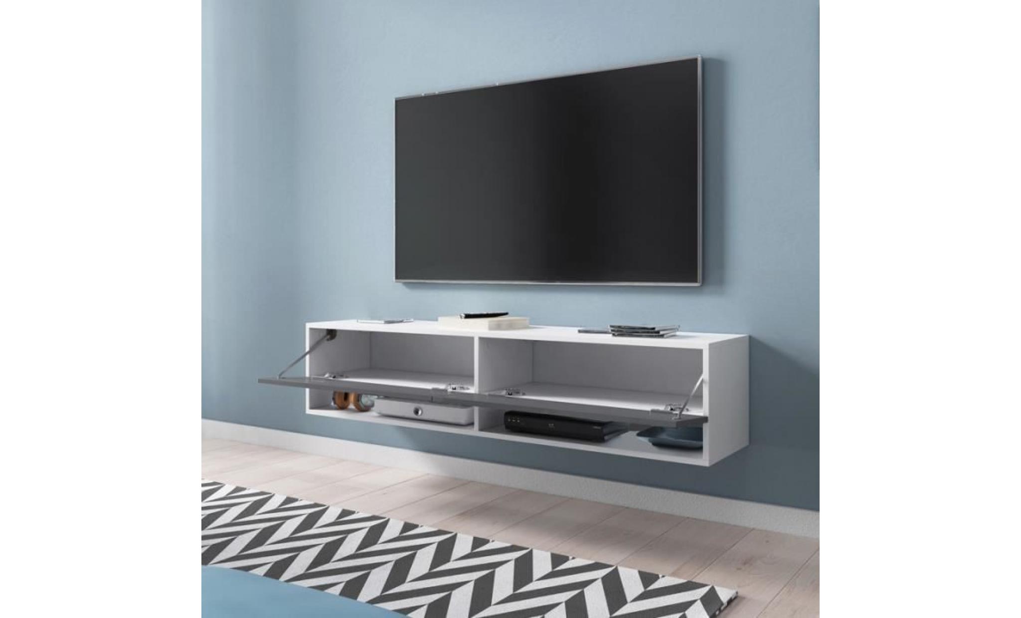 meuble tv / meuble de salon   wander   140 cm   blanc mat / gris brillant   sans led   2 niches ouvertes   style industriel pas cher