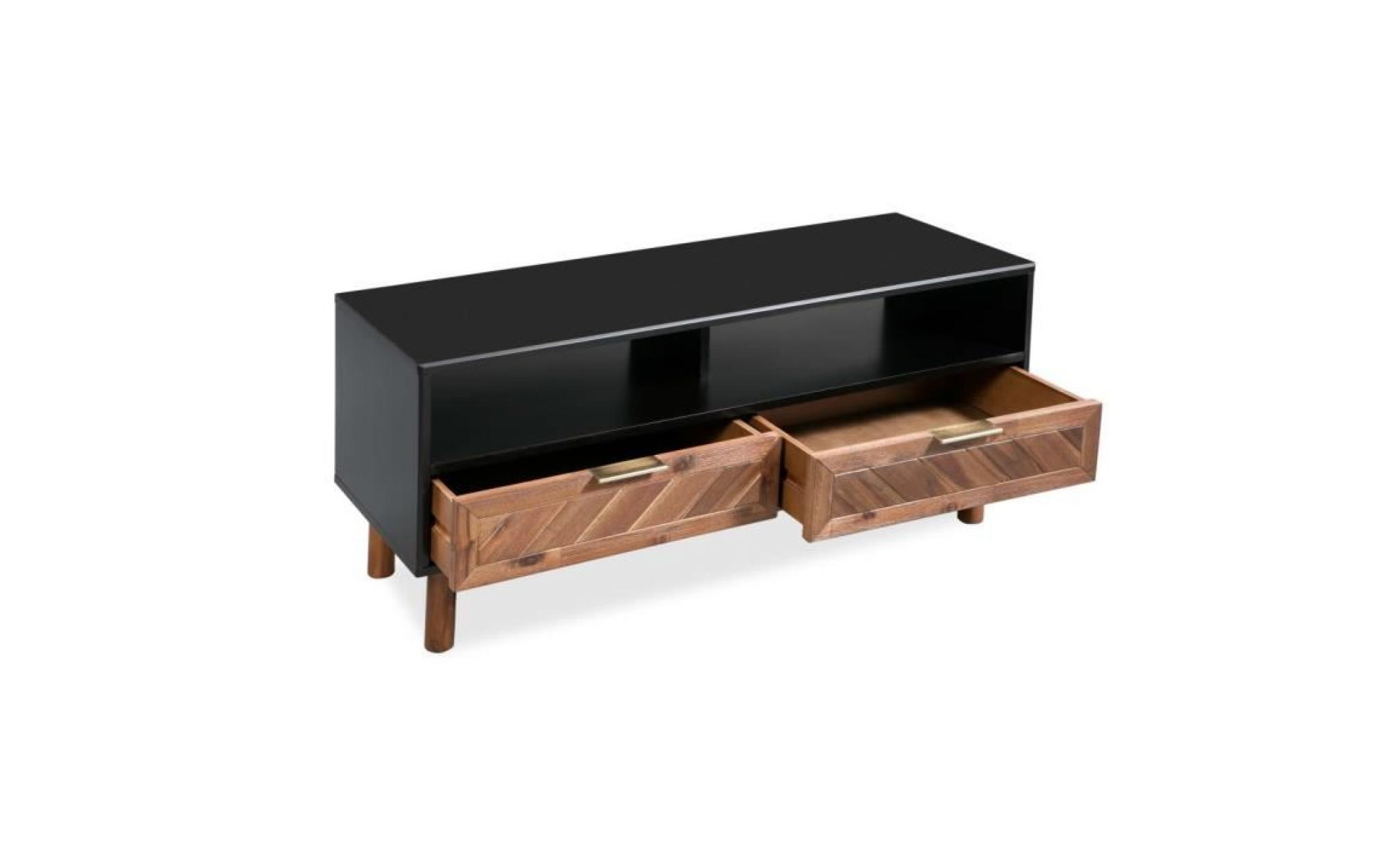 meuble tv meuble de télévision en bois massif d'acacia 100 x 35 x 45 cm noir et marron pas cher