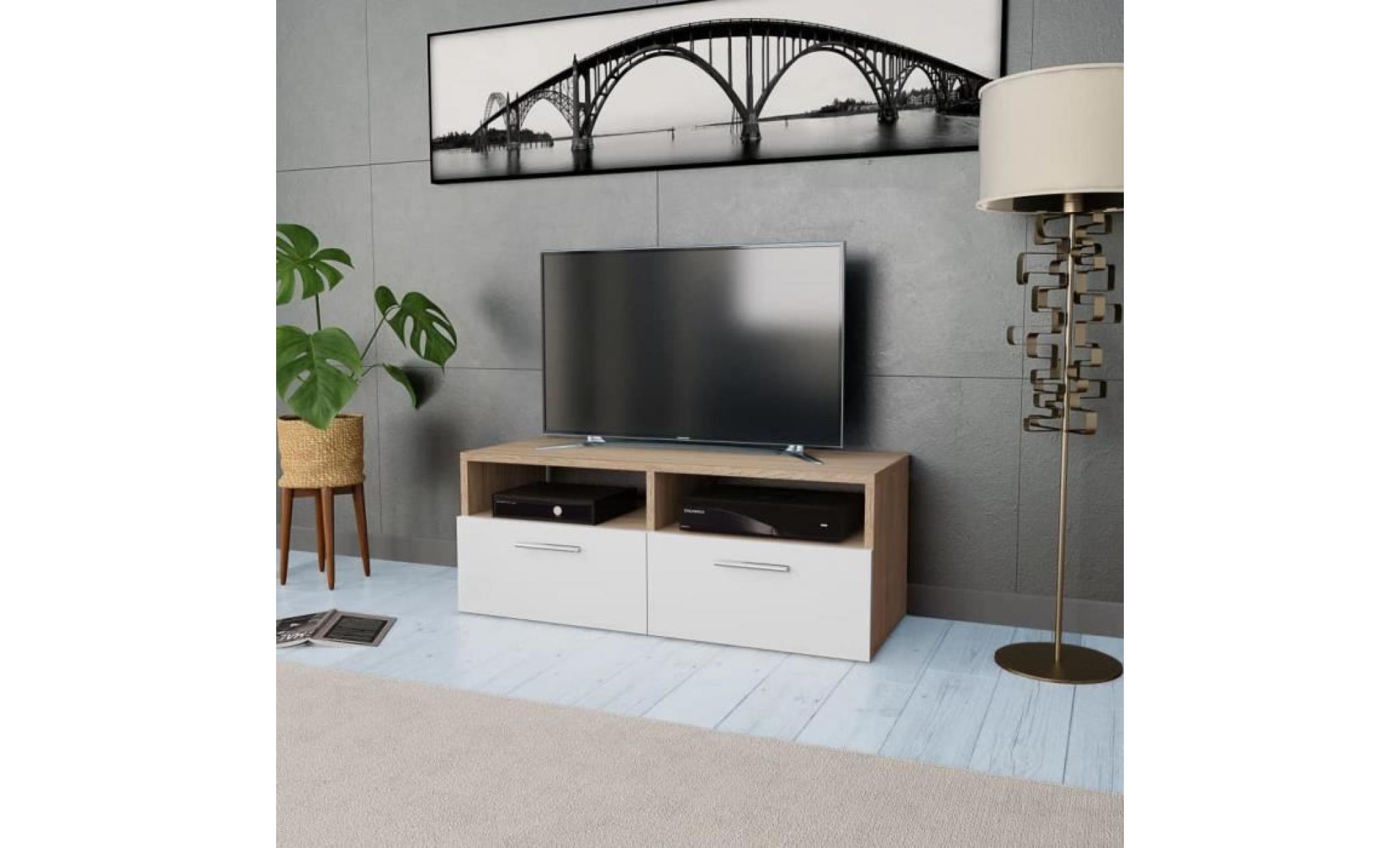 meuble tv meuble hifi meuble salon aggloméré 95 x 35 x 36 cm chêne et blanc
