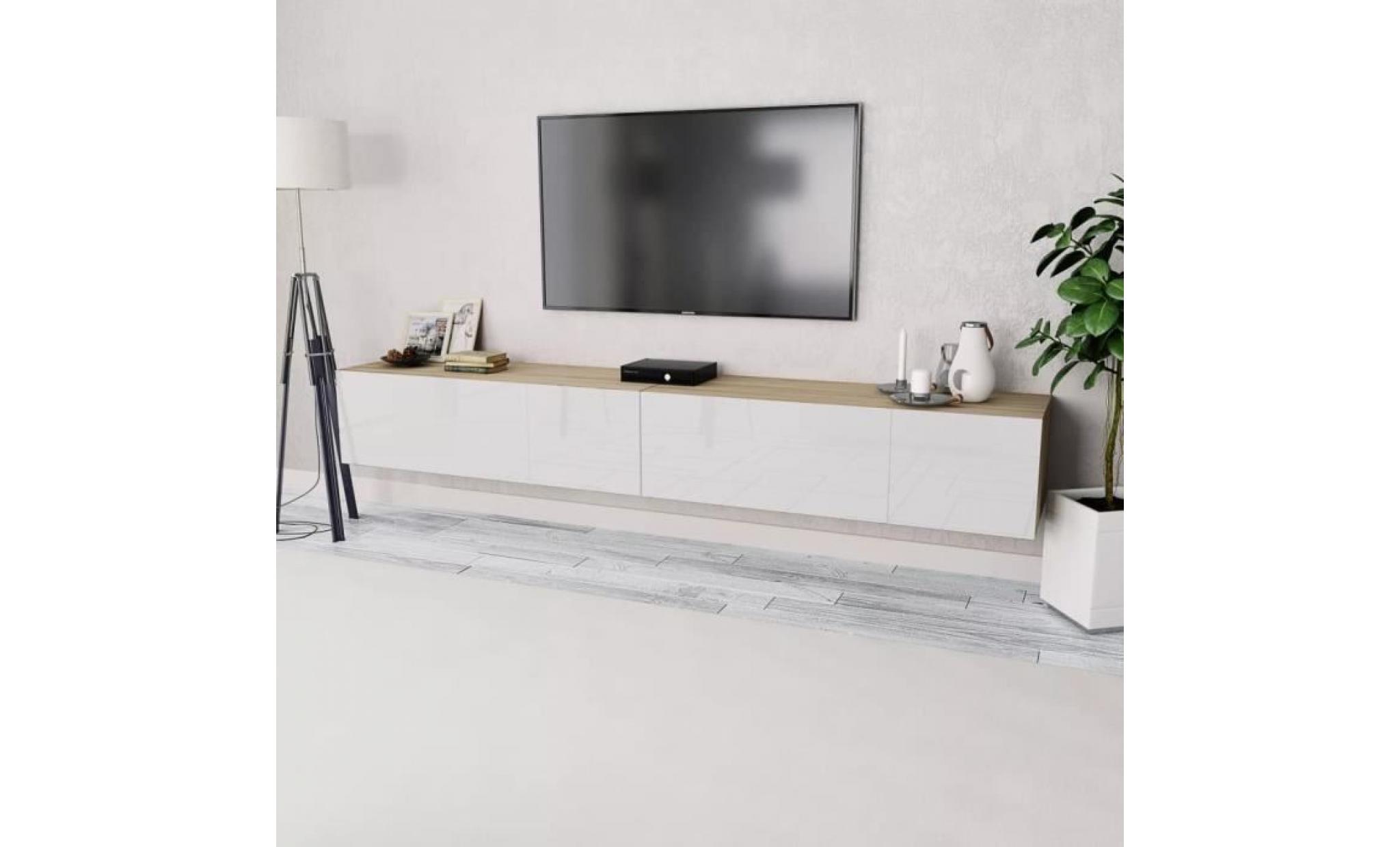 meuble tv meuble hifi table tv 2 pcs aggloméré 120x40x34 cm chêne et blanc brillant