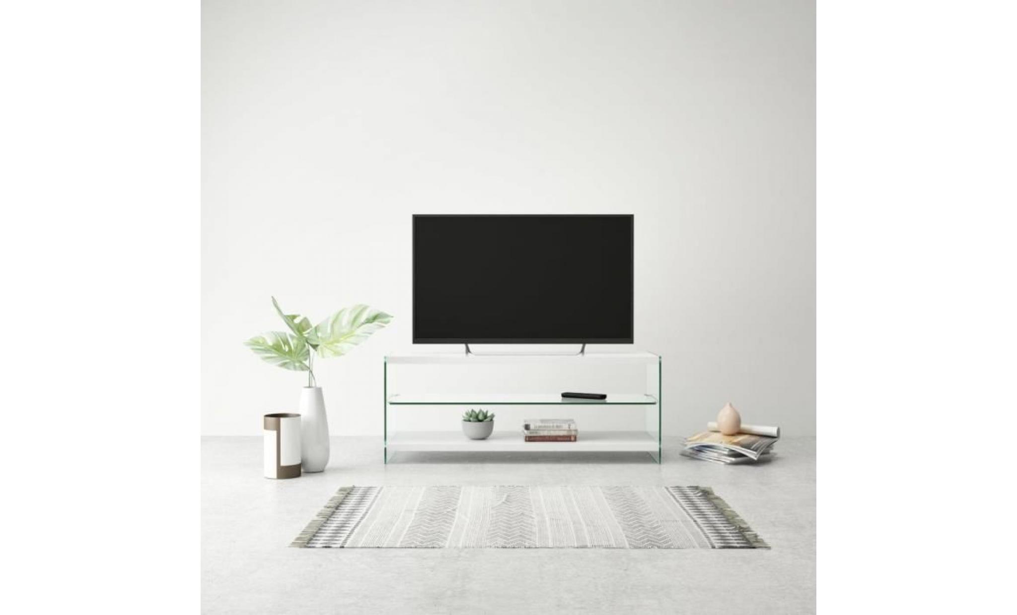 meuble tv meuble salon avec 2 étagères mdf verre très brillant blanc