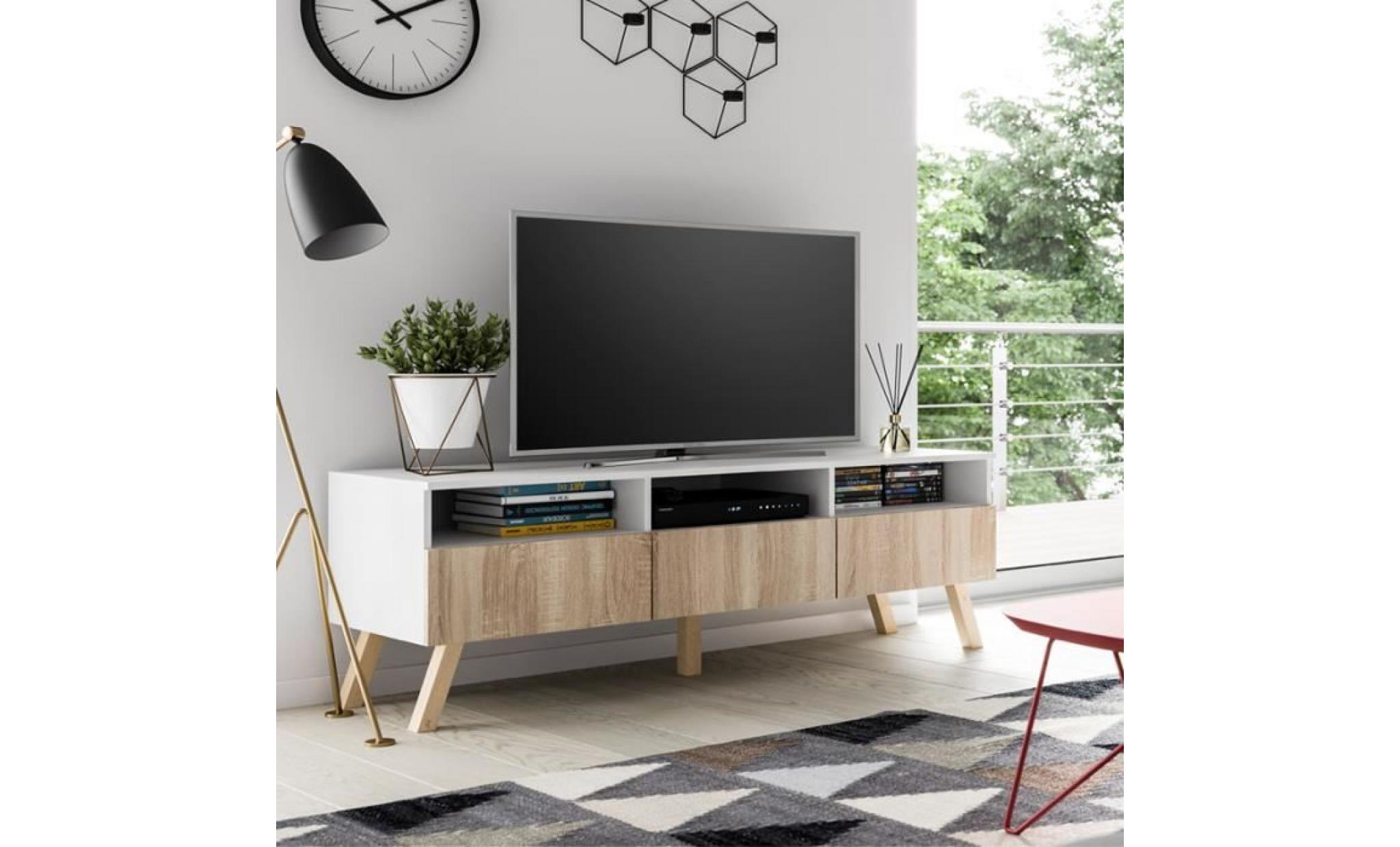 meuble tv / meuble salon   lavello bois   150 cm   blanc mat / effet chêne   sans led   style scandinave   style nordique