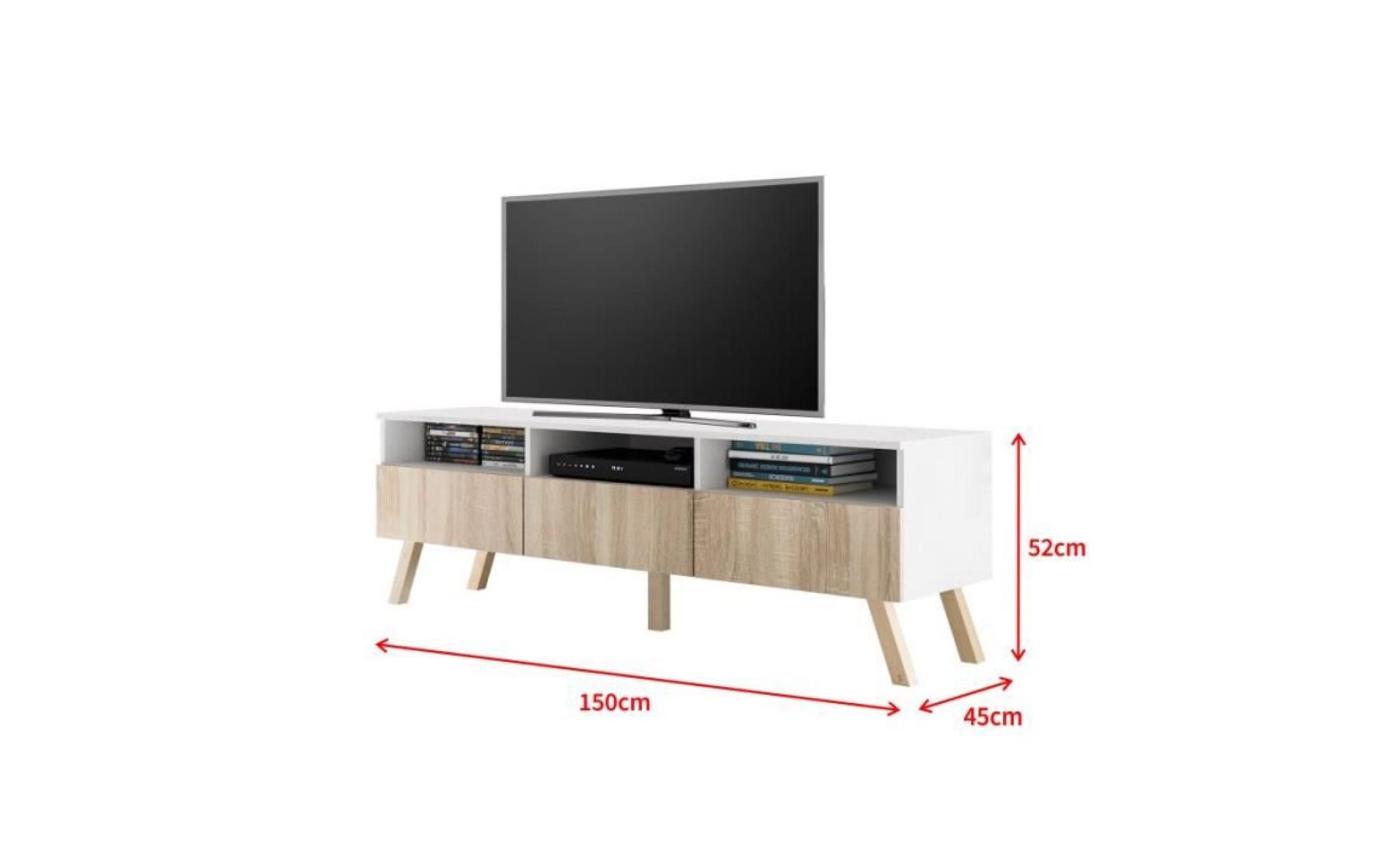 meuble tv / meuble salon   lavello bois   150 cm   blanc mat / effet chêne   sans led   style scandinave   style nordique pas cher