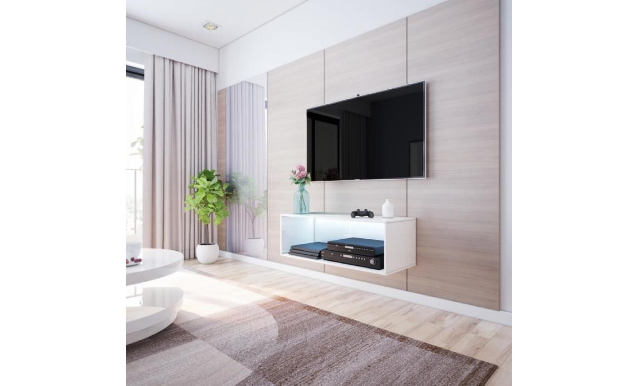 meuble tv / meuble salon   leo   100 cm   blanc mat / blanc brillant   avec led   à suspendre   sans portes   style minimaliste