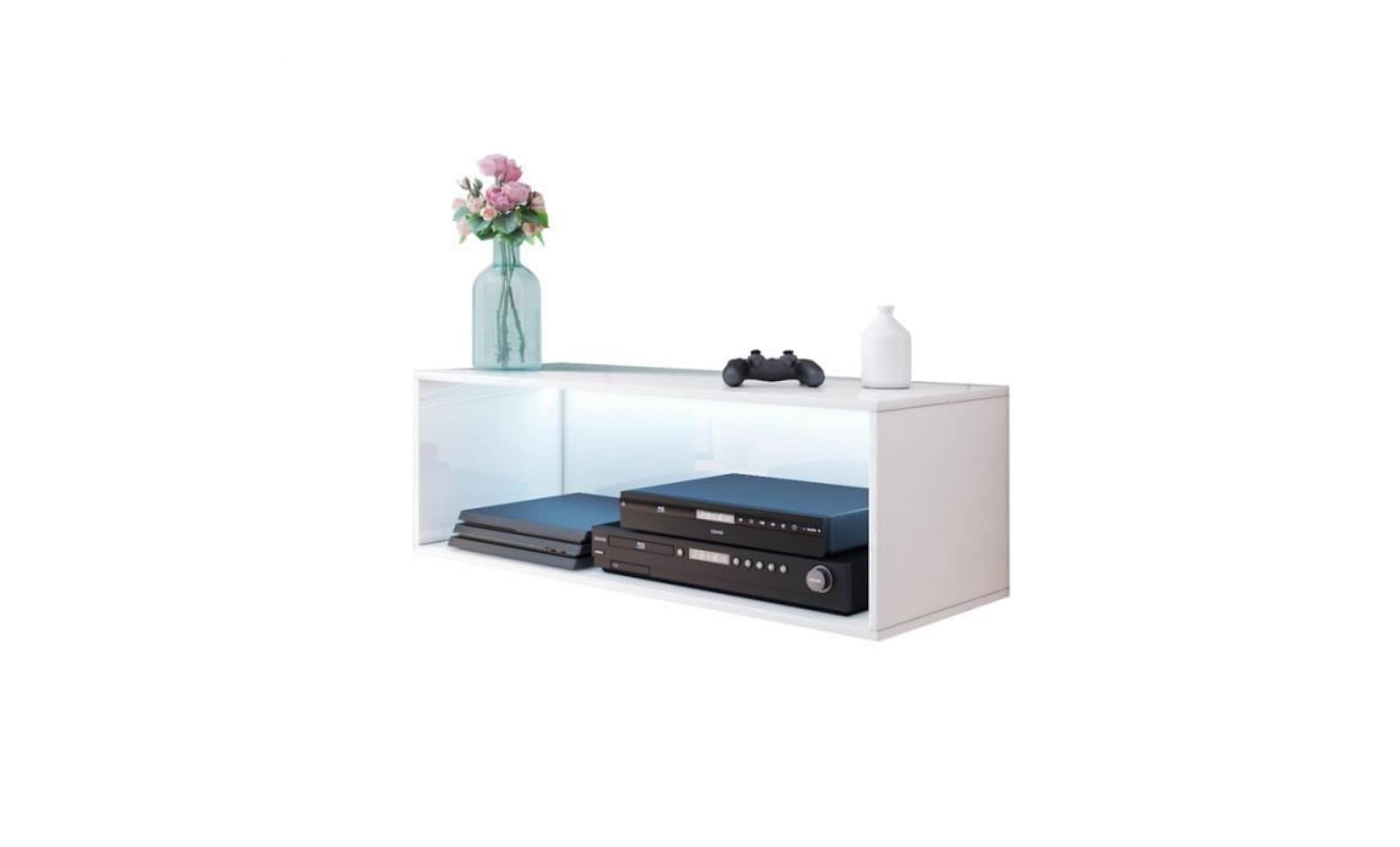 meuble tv / meuble salon   leo   100 cm   blanc mat / blanc brillant   avec led   à suspendre   sans portes   style minimaliste pas cher