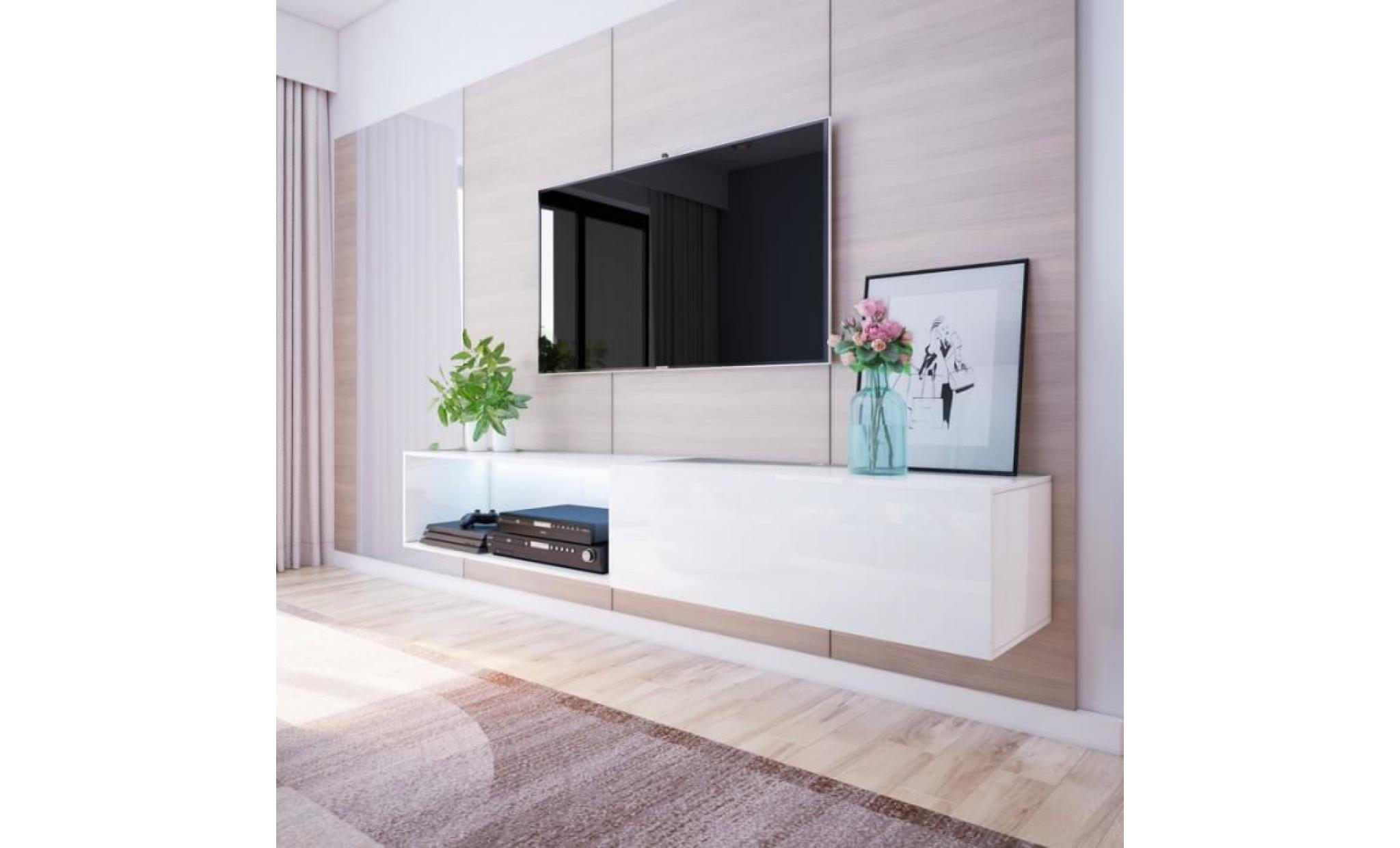 meuble tv / meuble salon   leo   200 cm   blanc mat / blanc brillant   avec led   à suspendre   sans portes   style minimaliste