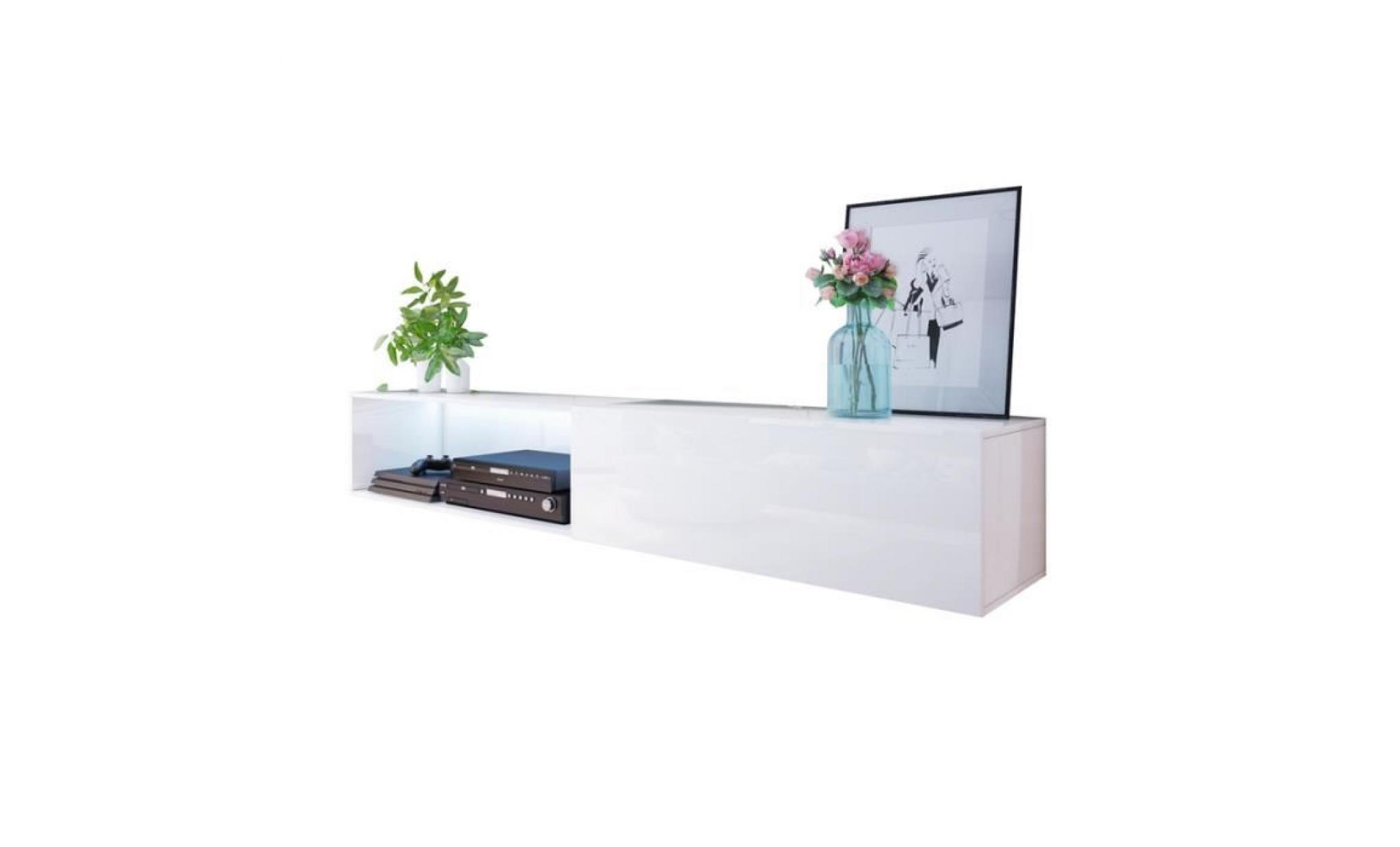 meuble tv / meuble salon   leo   200 cm   blanc mat / blanc brillant   avec led   à suspendre   sans portes   style minimaliste pas cher