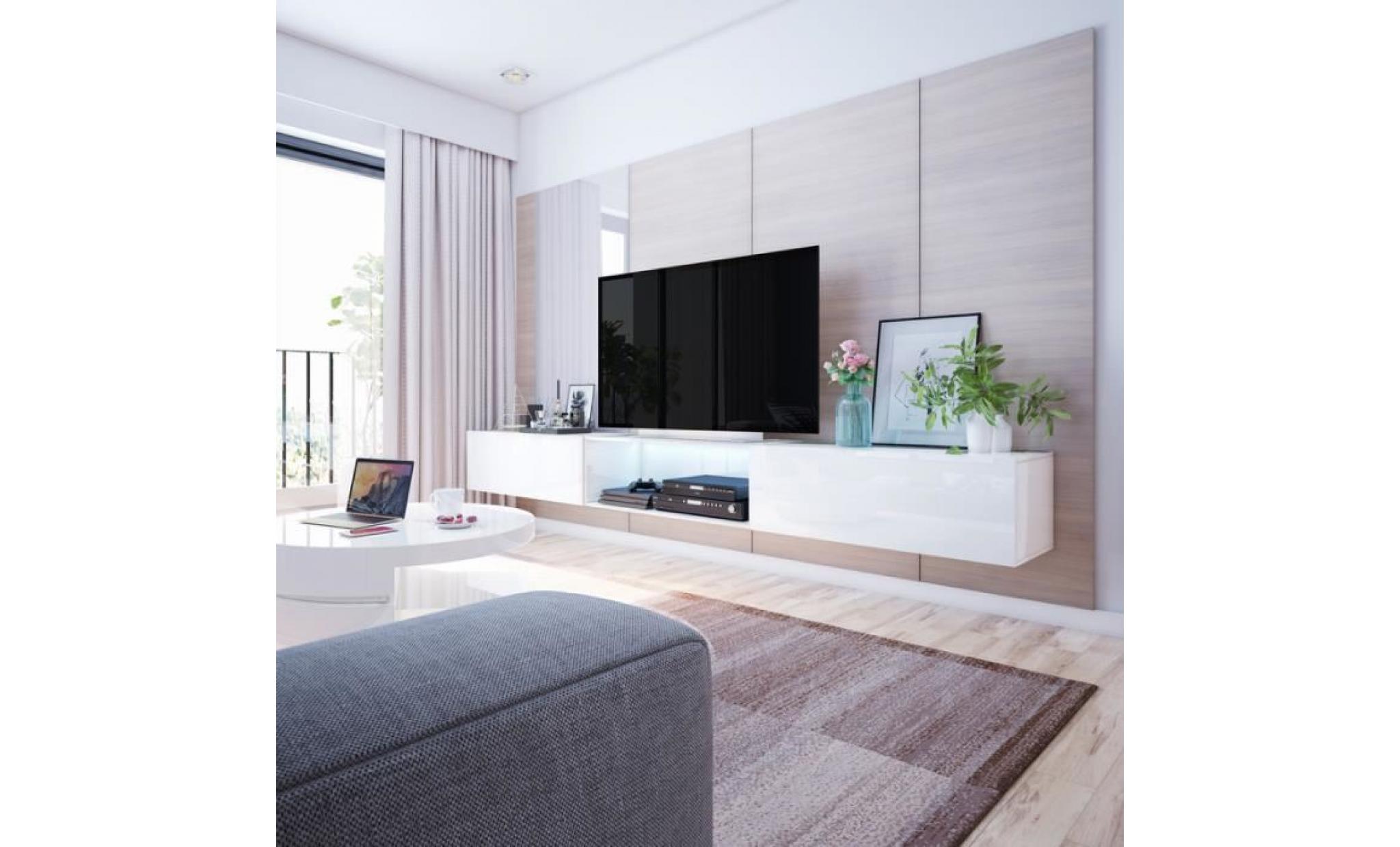 meuble tv / meuble salon   leo   300 cm   blanc mat / blanc brillant   avec led   à suspendre   sans portes   style minimaliste