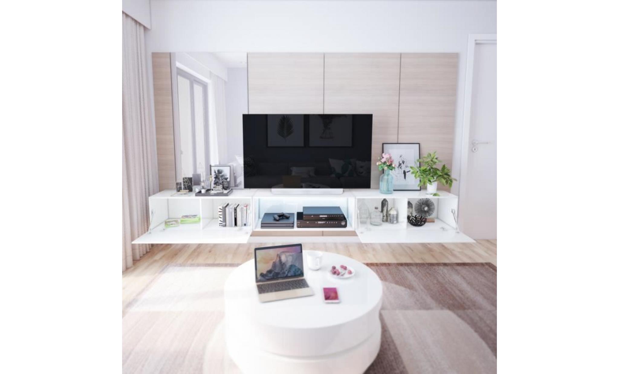 meuble tv / meuble salon   leo   300 cm   blanc mat / blanc brillant   avec led   à suspendre   sans portes   style minimaliste pas cher