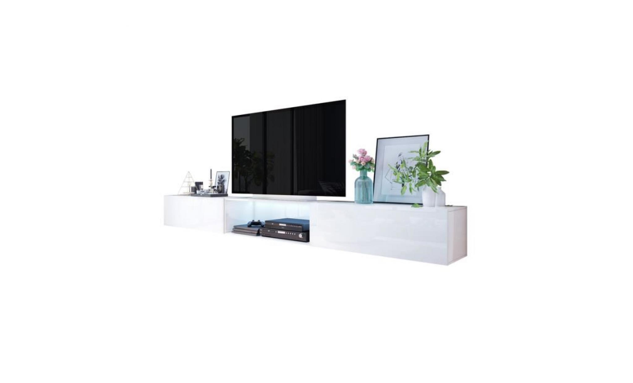 meuble tv / meuble salon   leo   300 cm   blanc mat / blanc brillant   avec led   à suspendre   sans portes   style minimaliste pas cher