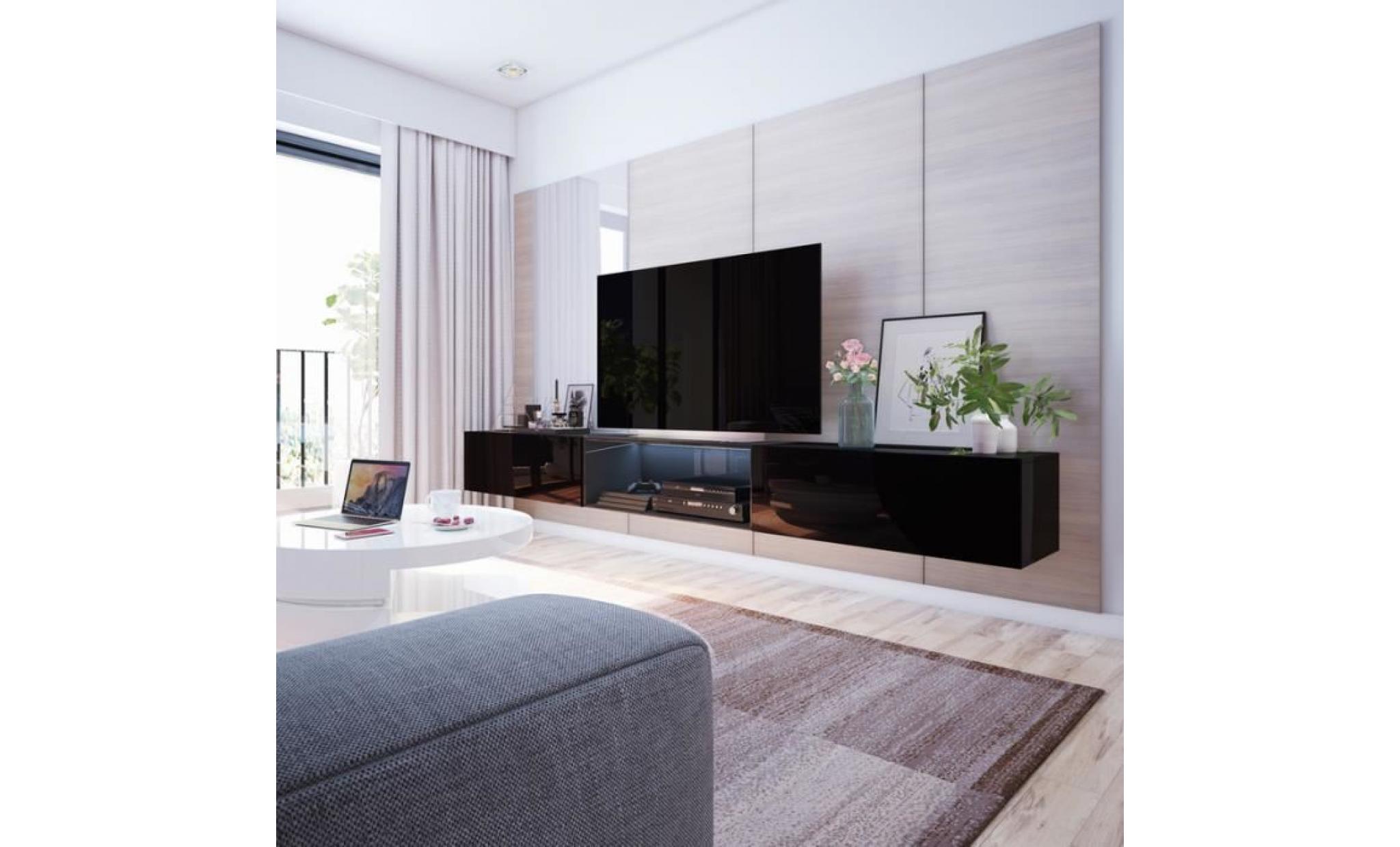 meuble tv / meuble salon   leo   300 cm   noir mat / noir brillant   avec led   à suspendre   sans portes   style minimaliste