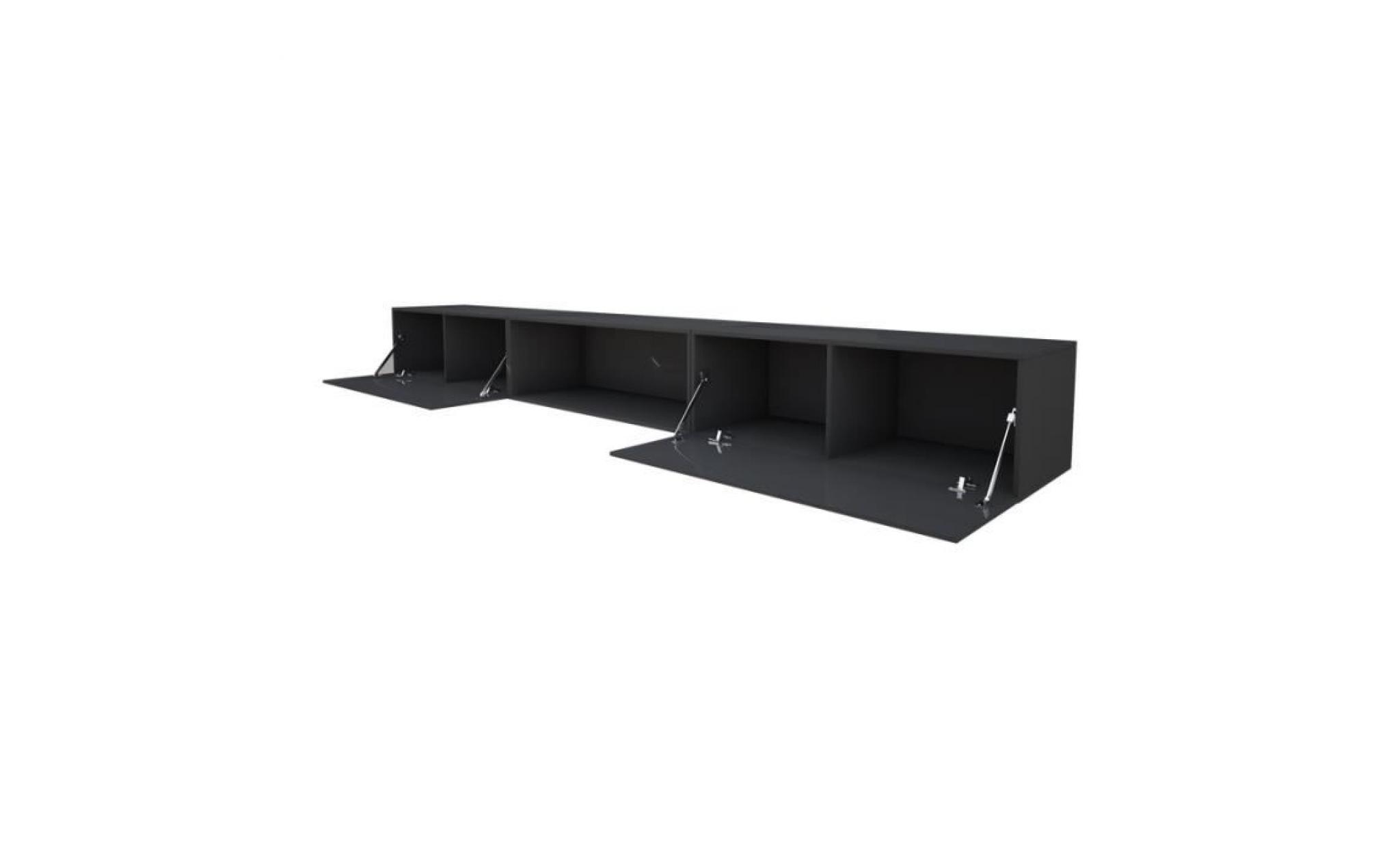 meuble tv / meuble salon   leo   300 cm   noir mat / noir brillant   avec led   à suspendre   sans portes   style minimaliste pas cher
