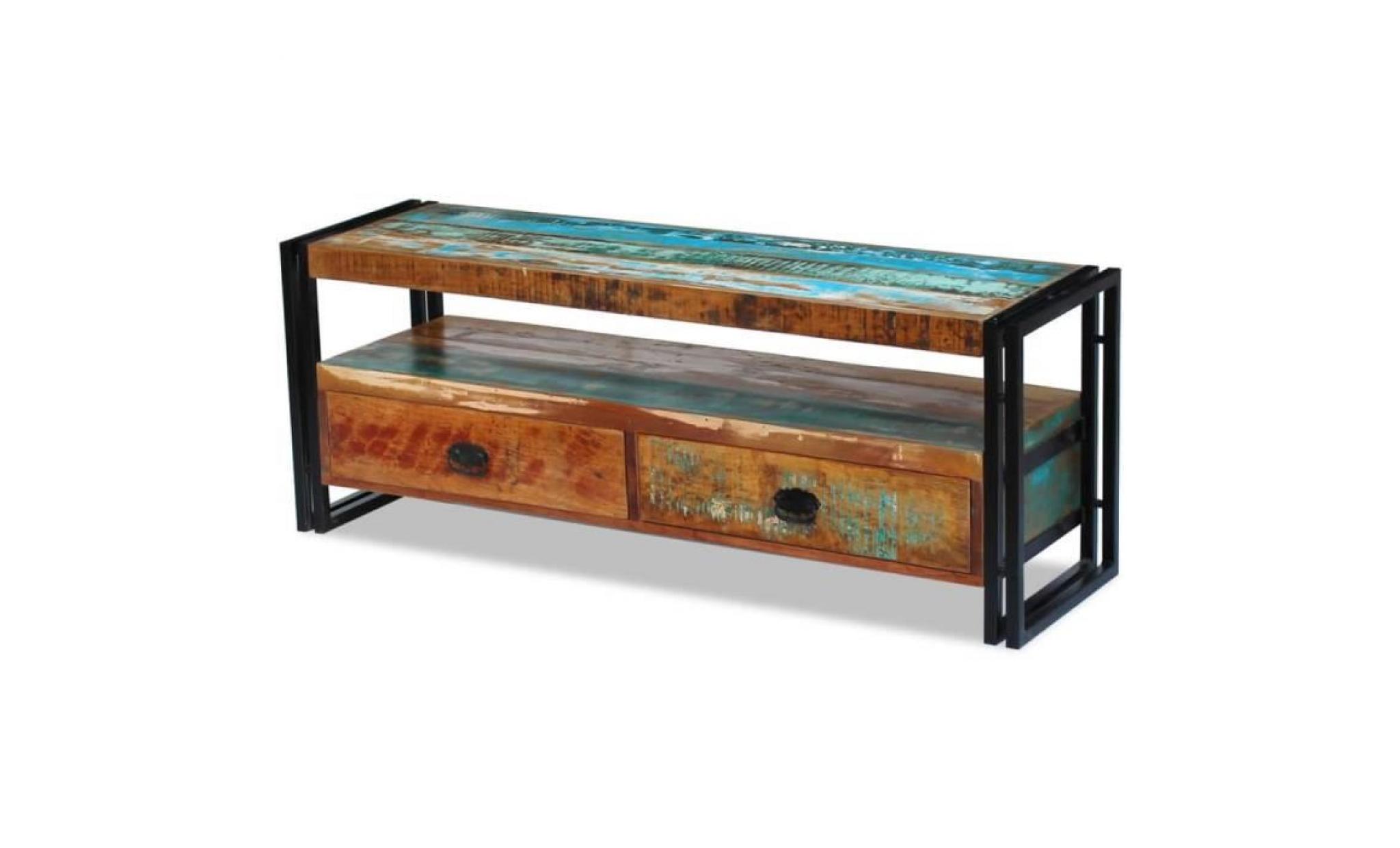 meuble tv meuble salon rétro avec deux tiroirs bois de récupération massif 120 x 35 x 45 cm