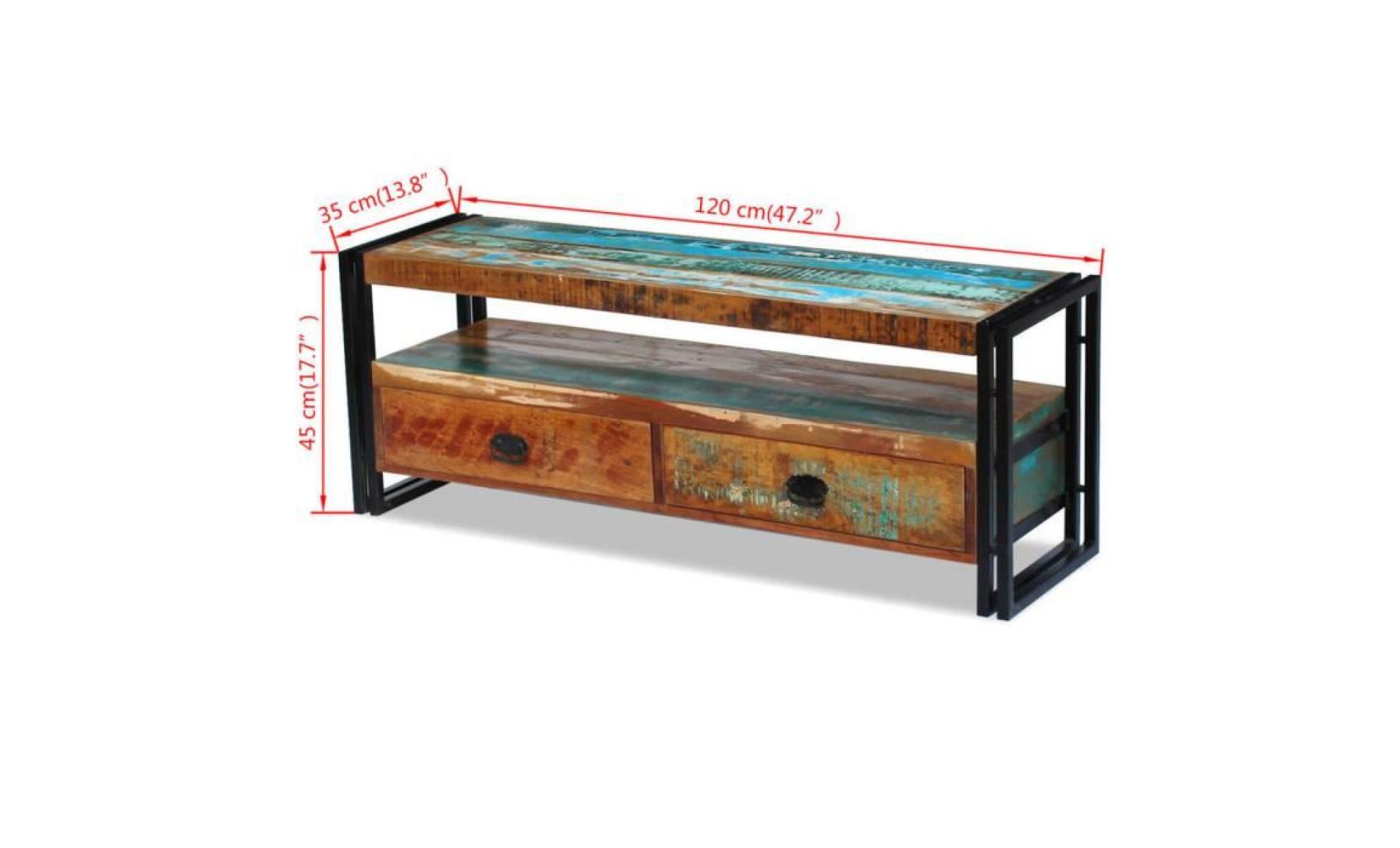 meuble tv meuble salon rétro avec deux tiroirs bois de récupération massif 120 x 35 x 45 cm pas cher
