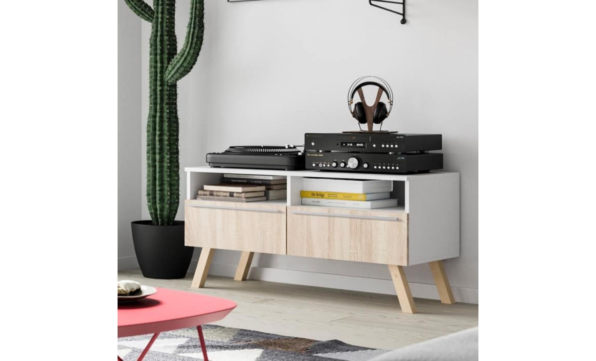 meuble tv / meuble salon   siena bois   100 cm   blanc mat / effet chêne   style scandi   forme minimaliste