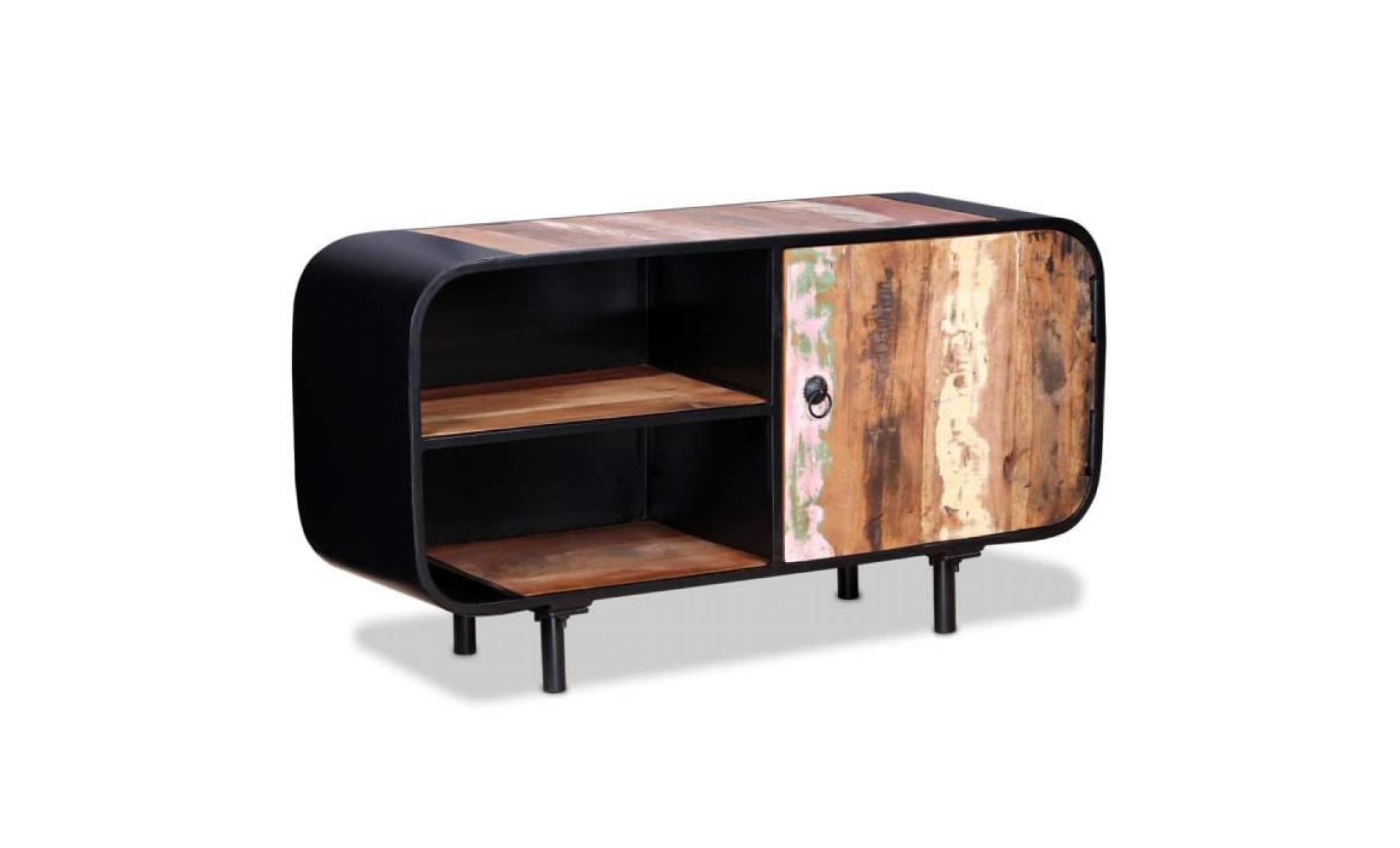 meuble tv meuble salon support tv avec 1 placard et 2 étagères bois de récupération 90 x 30 x 48 cm