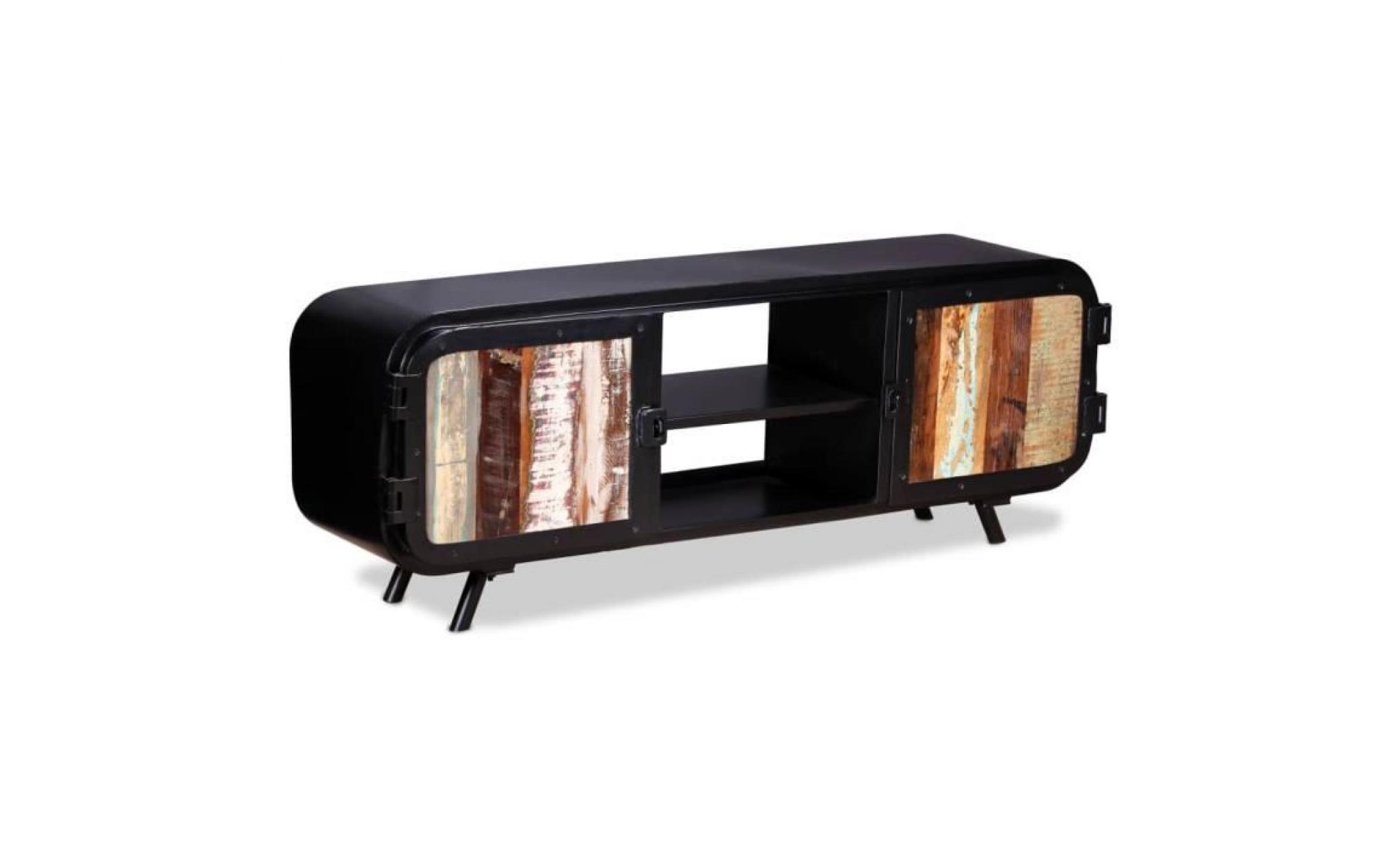meuble tv meuble salon support tv avec 2 placards et 2 étagères bois de récupération 120 x 30 x 45 cm pas cher