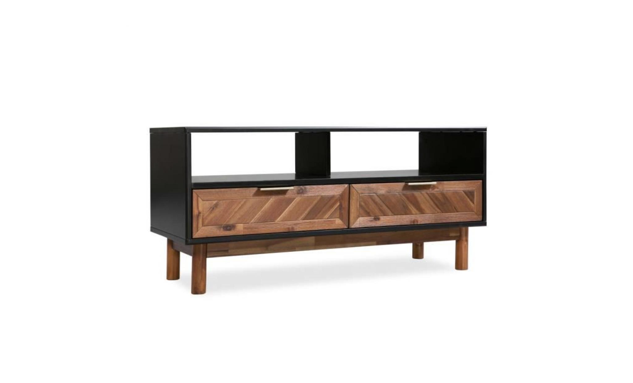 meuble tv meuble salon support tv avec étagères et 2 tiroirs bois massif d'acacia 100 x 35 x 45 cm pas cher