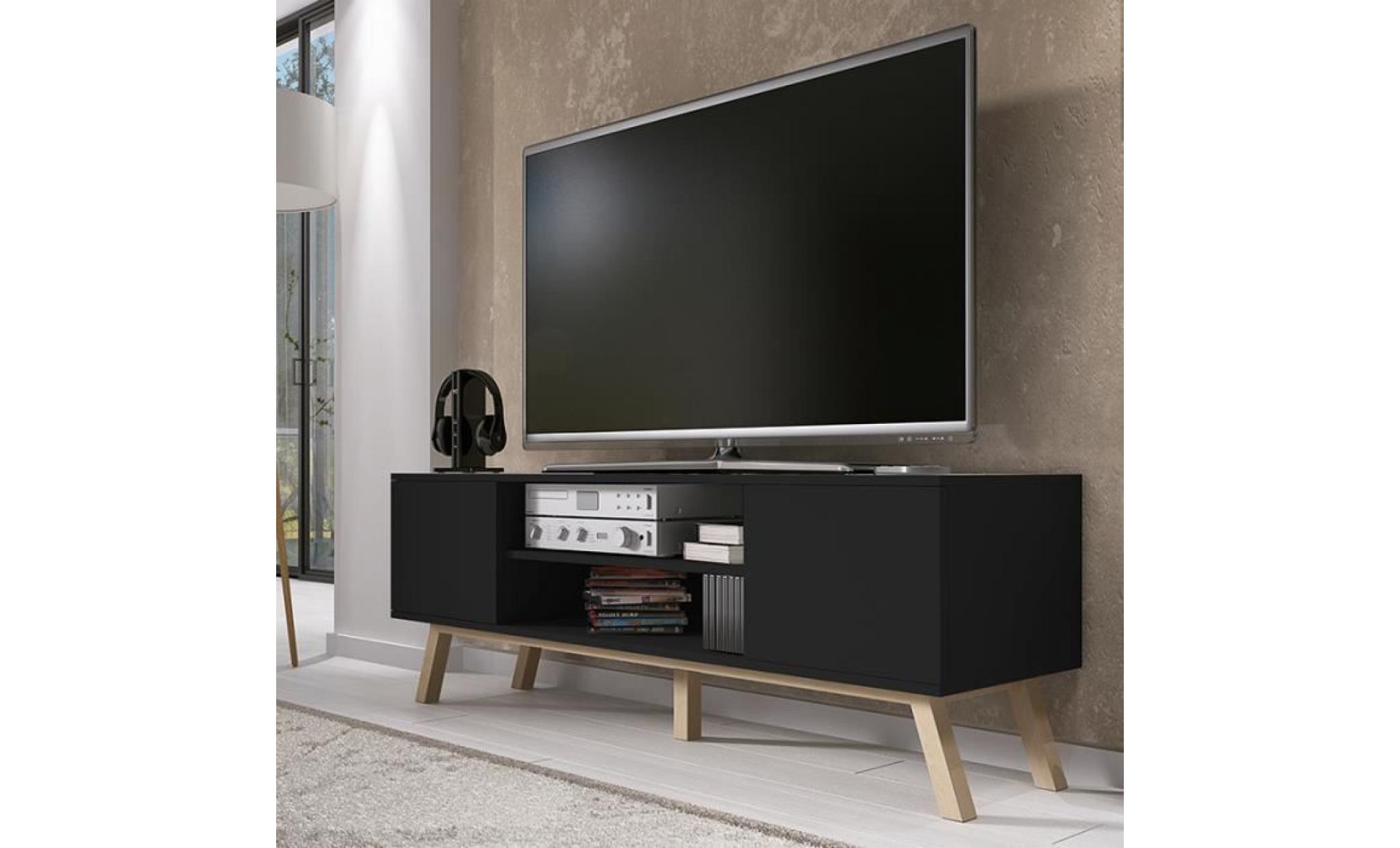 meuble tv / meuble salon   vero bois   150 cm   noir mat   style scandinave   style nordique   pieds de hêtre huilé