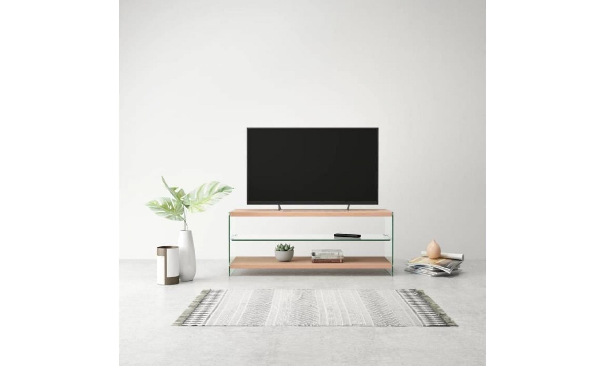 meuble tv meuble salon verre mdf couleur chêne 115 x 40 x 45 cm