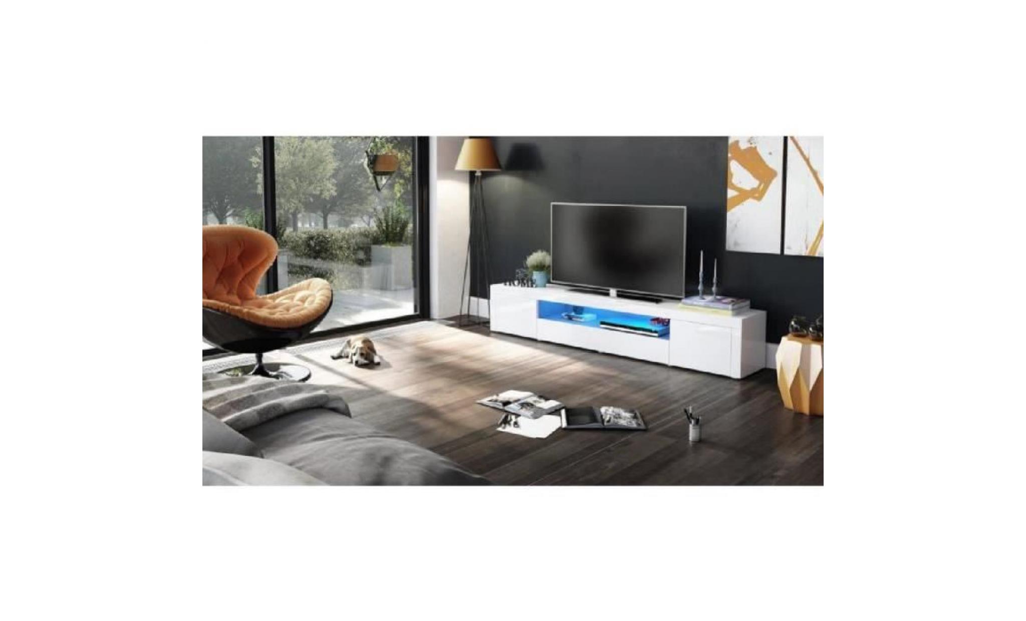 meuble tv moderne laqué blanc 200 cm  avec led pas cher