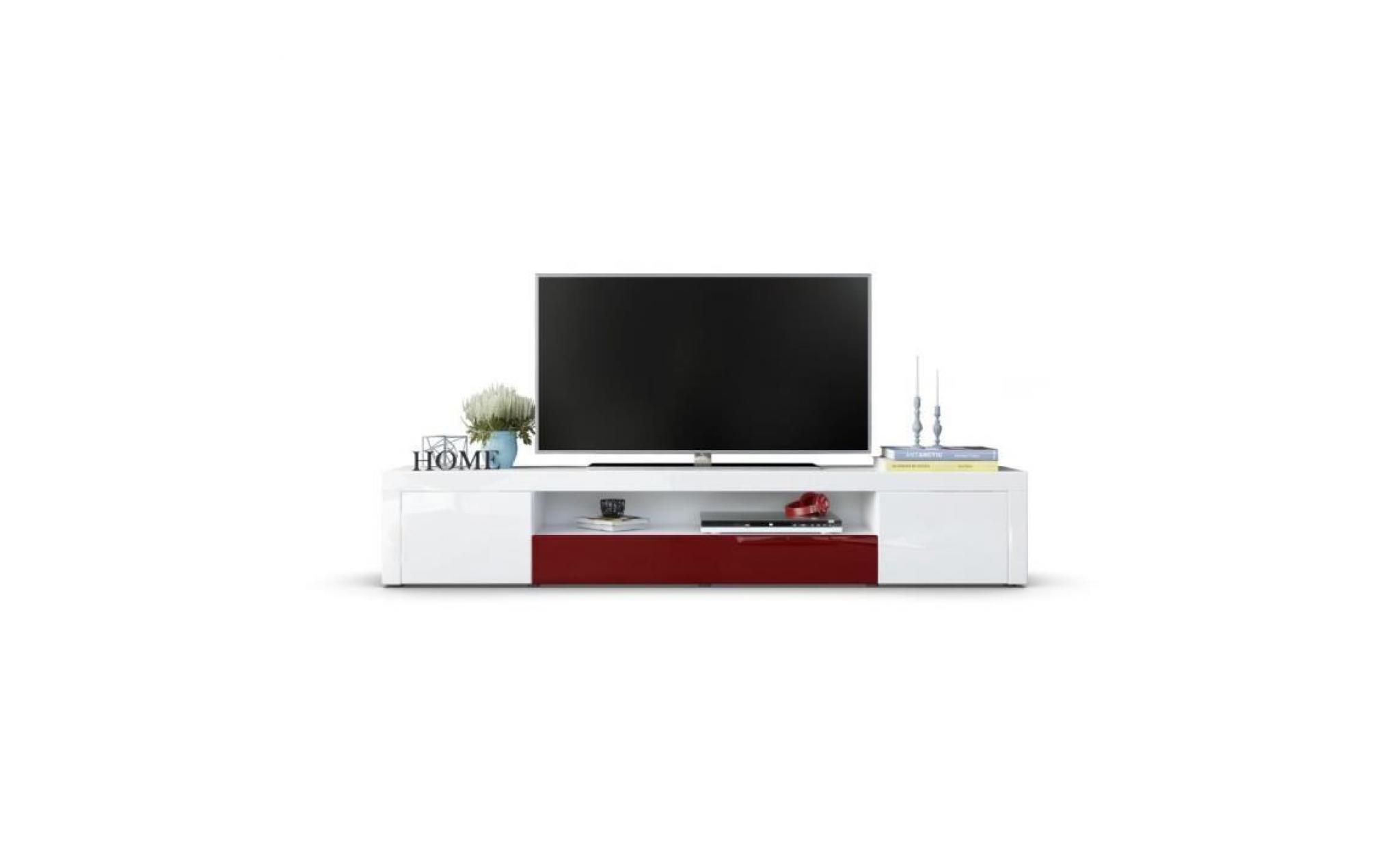 meuble tv moderne laqué blanc et bordeaux 200 cm  avec led pas cher