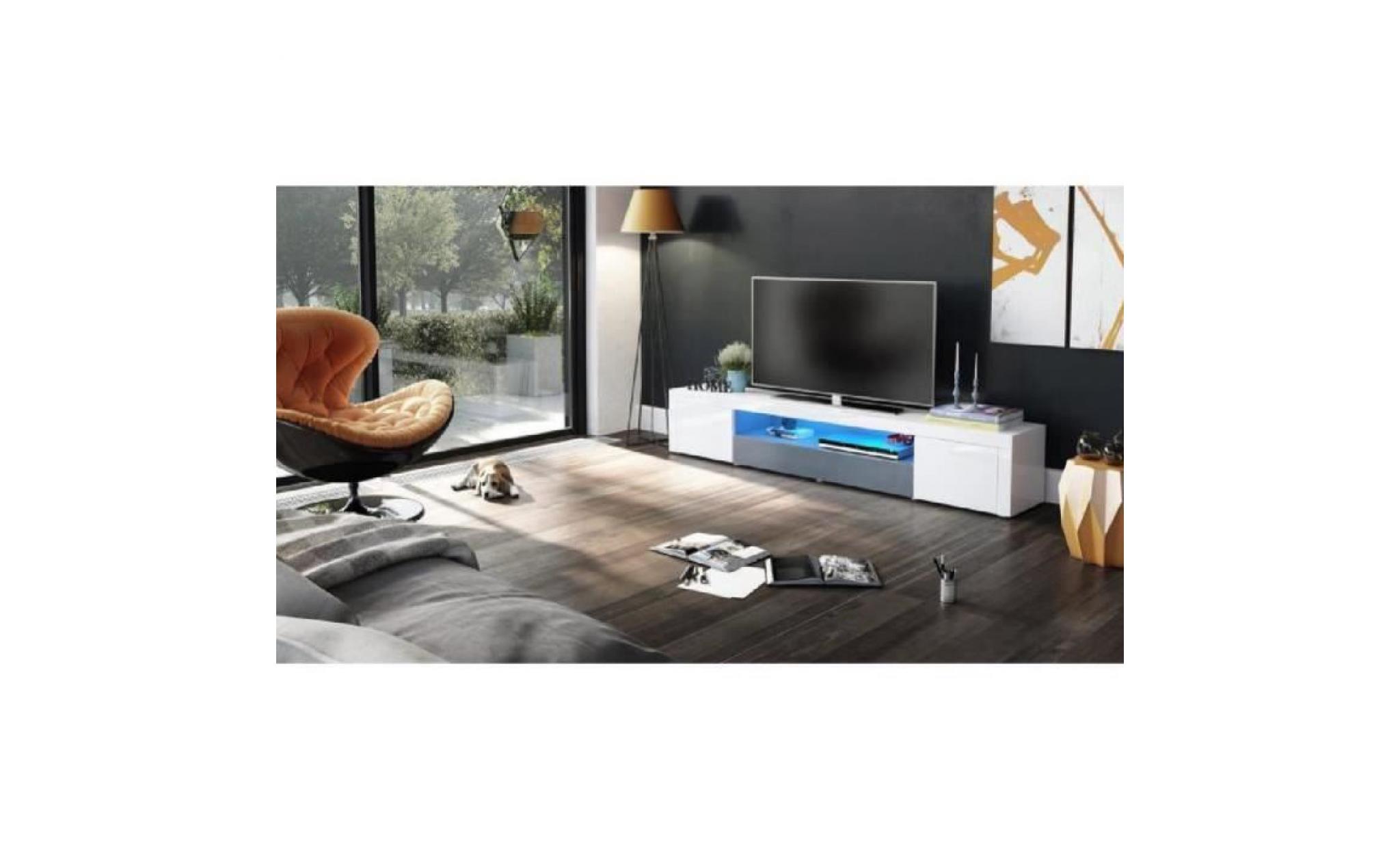 meuble tv moderne laqué blanc et gris 200 cm  avec led pas cher