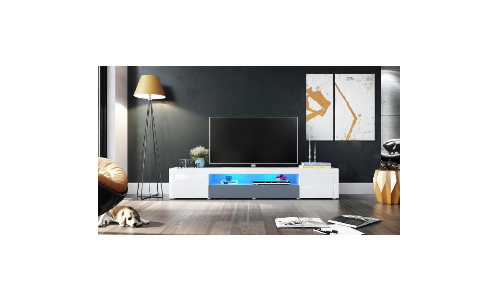 meuble tv moderne laqué blanc et gris 200 cm  avec led pas cher