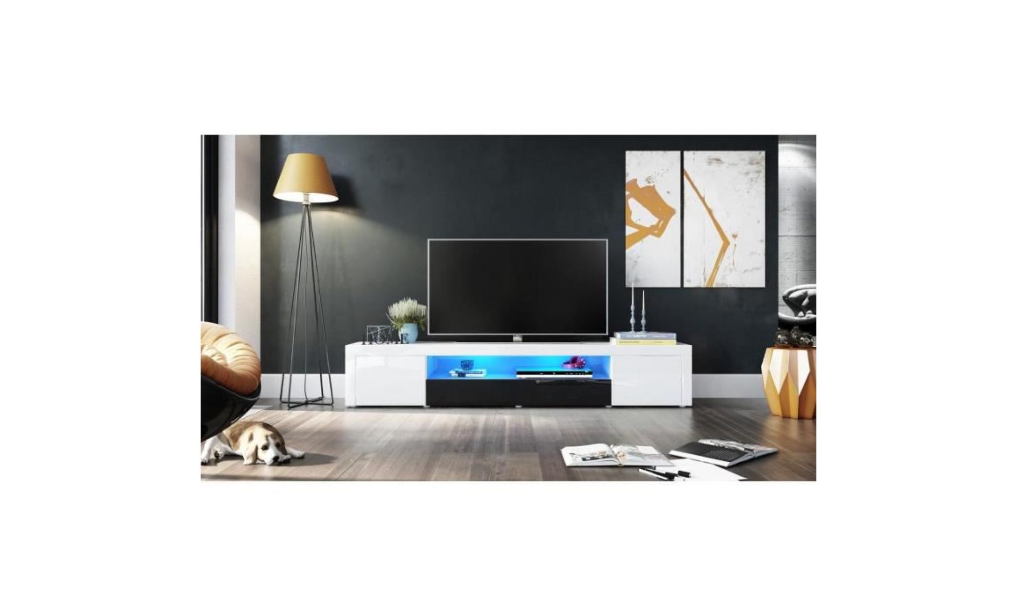 meuble tv moderne laqué blanc et noir  200 cm  avec led pas cher