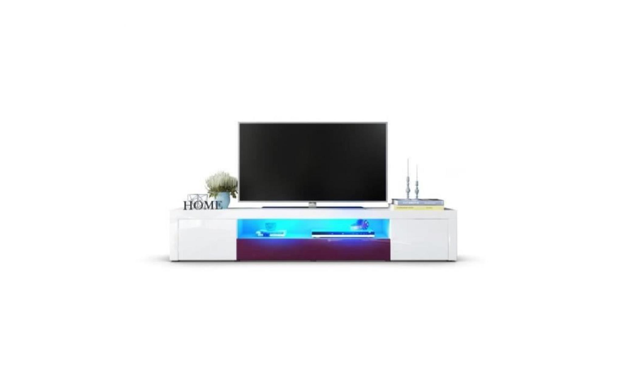 meuble tv moderne laqué blanc et prune 200 cm  avec led