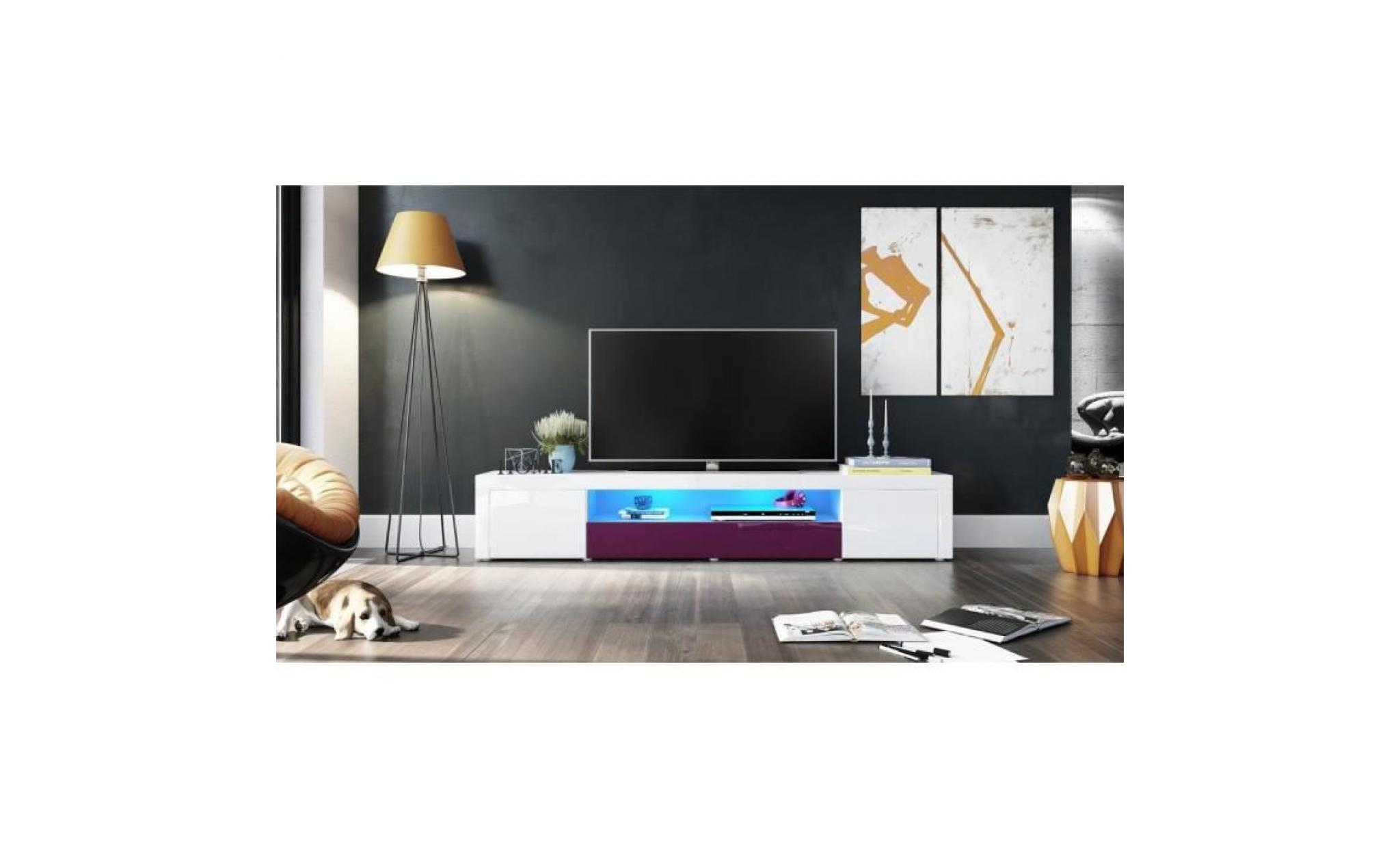 meuble tv moderne laqué blanc et prune 200 cm  avec led pas cher