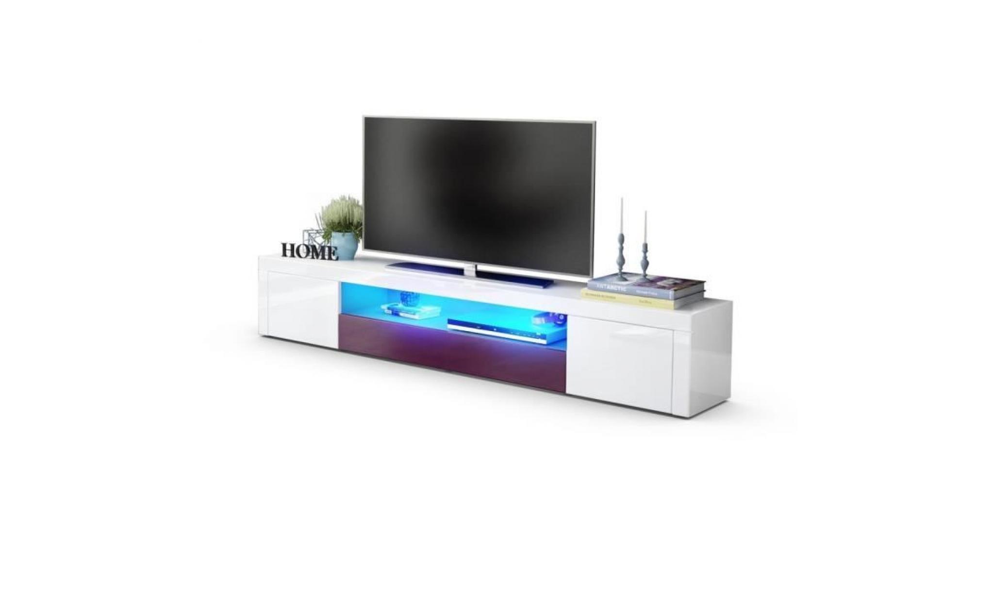 meuble tv moderne laqué blanc et prune 200 cm  avec led pas cher