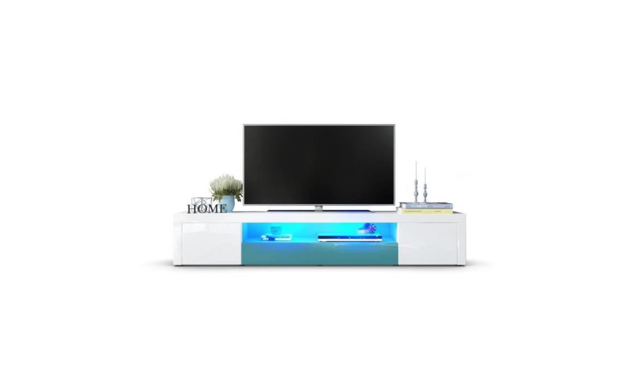 meuble tv moderne laqué blanc et turquoise 200 cm  avec led pas cher