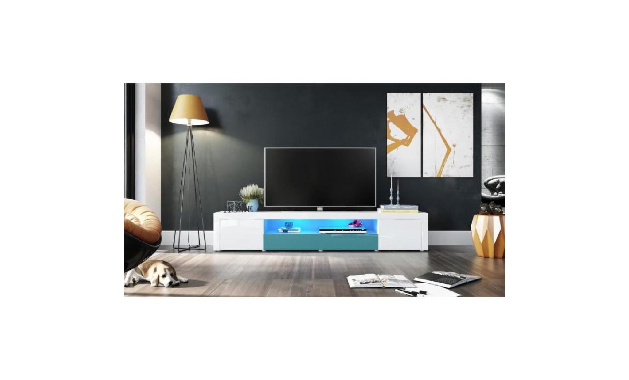 meuble tv moderne laqué blanc et turquoise 200 cm  avec led pas cher