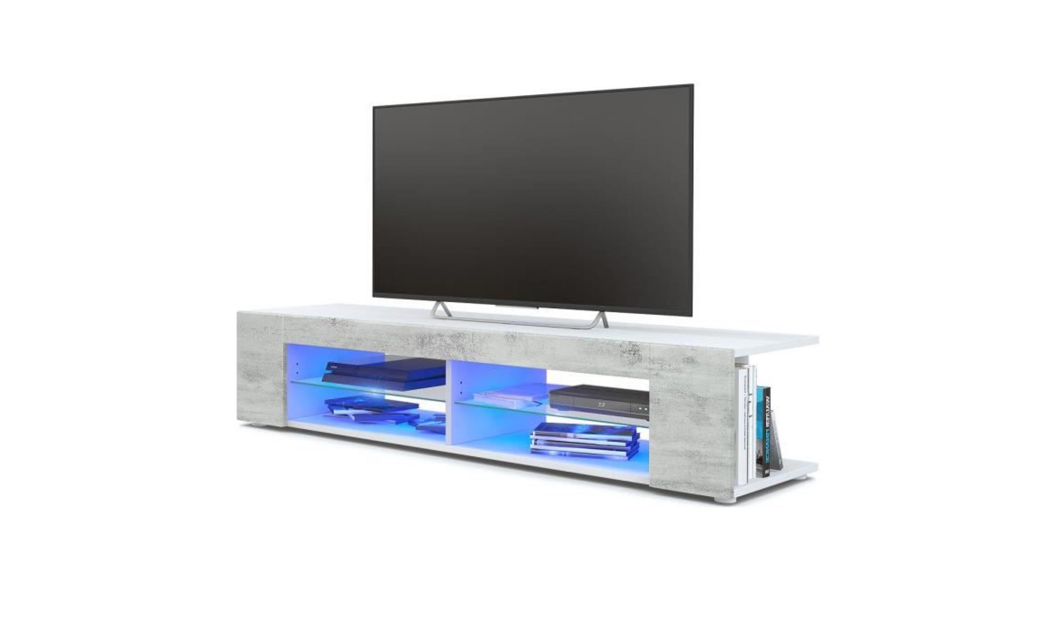 meuble tv movie en blanc mat   aspect béton oxyde avec led en bleu