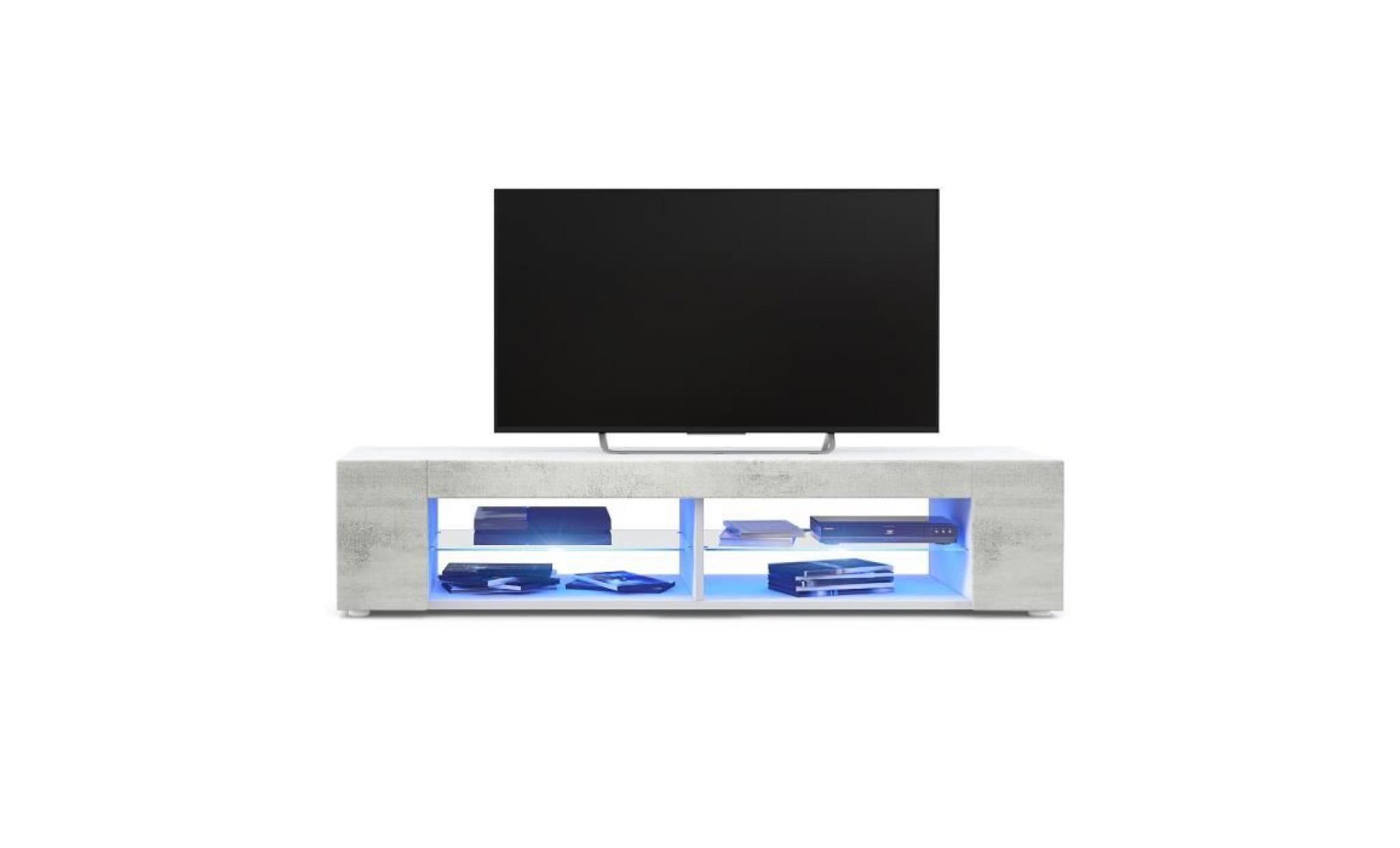 meuble tv movie en blanc mat   aspect béton oxyde avec led en bleu pas cher