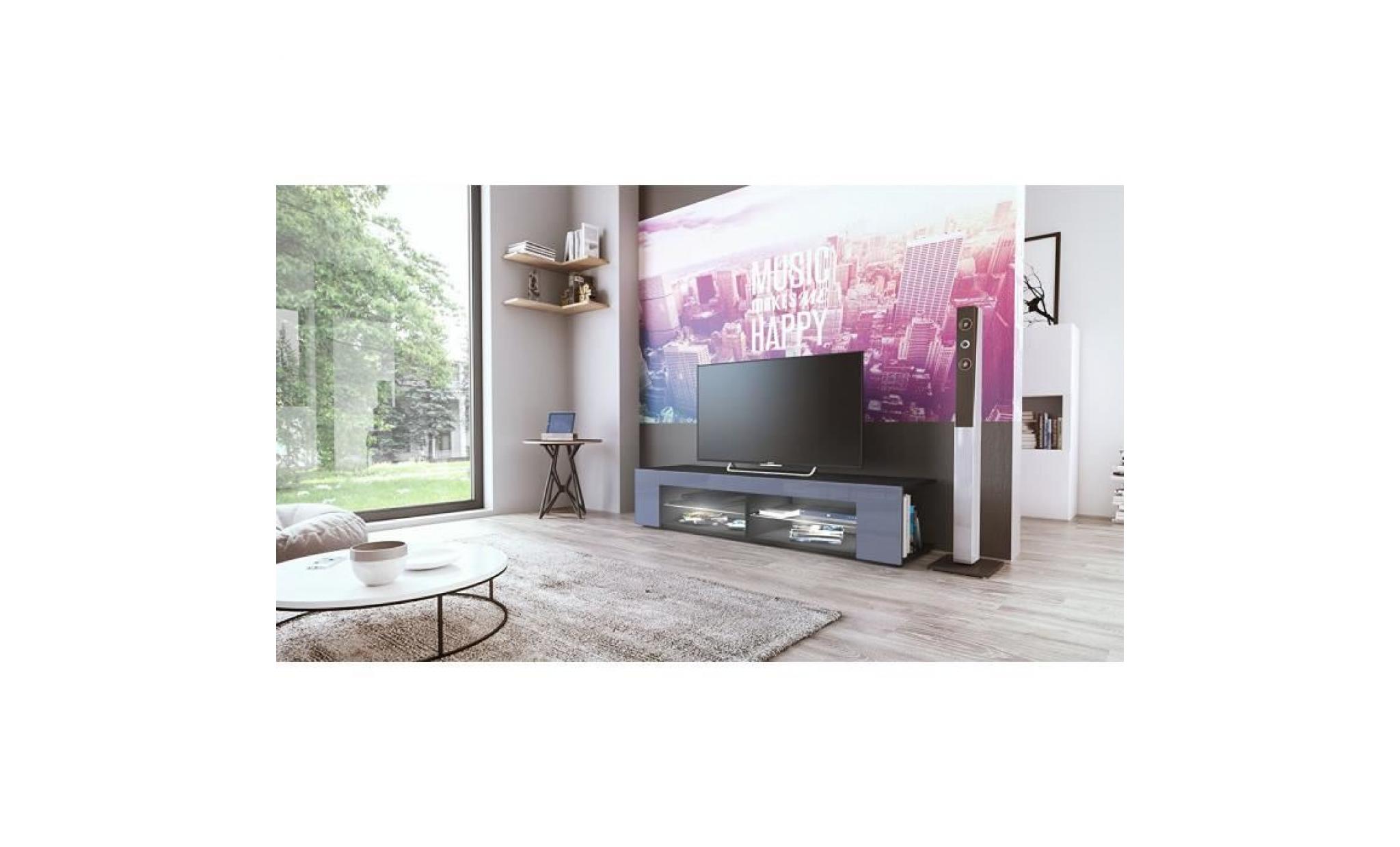 meuble tv   noir mat  façades en gris laquées led blanc pas cher