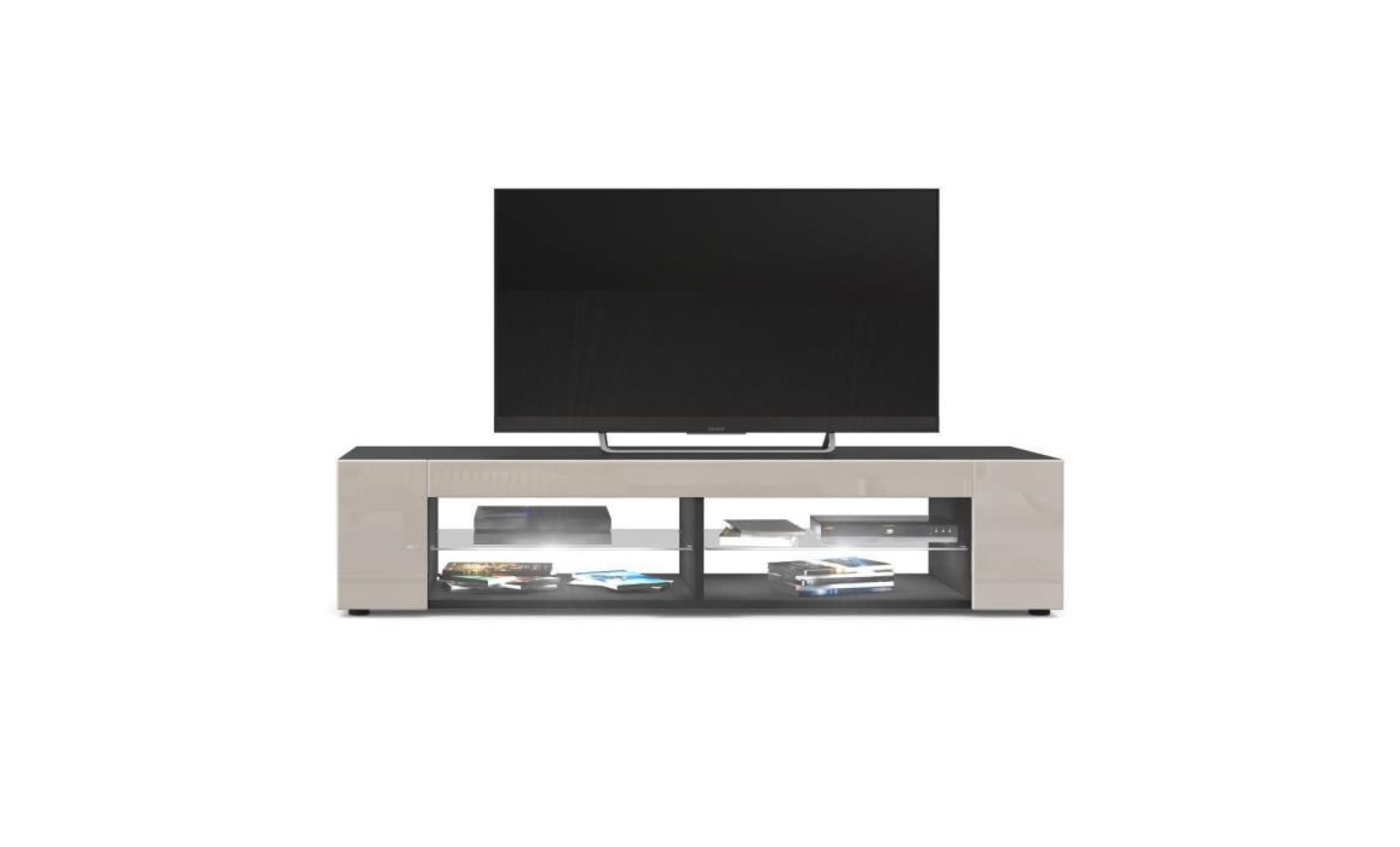 meuble tv   noir mat  façades en gris sable laquées led blanc