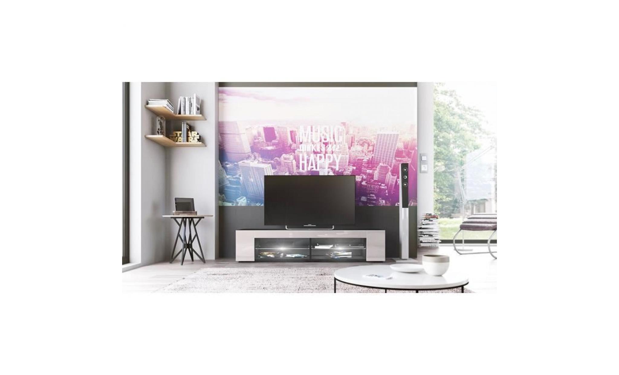 meuble tv   noir mat  façades en gris sable laquées led blanc pas cher