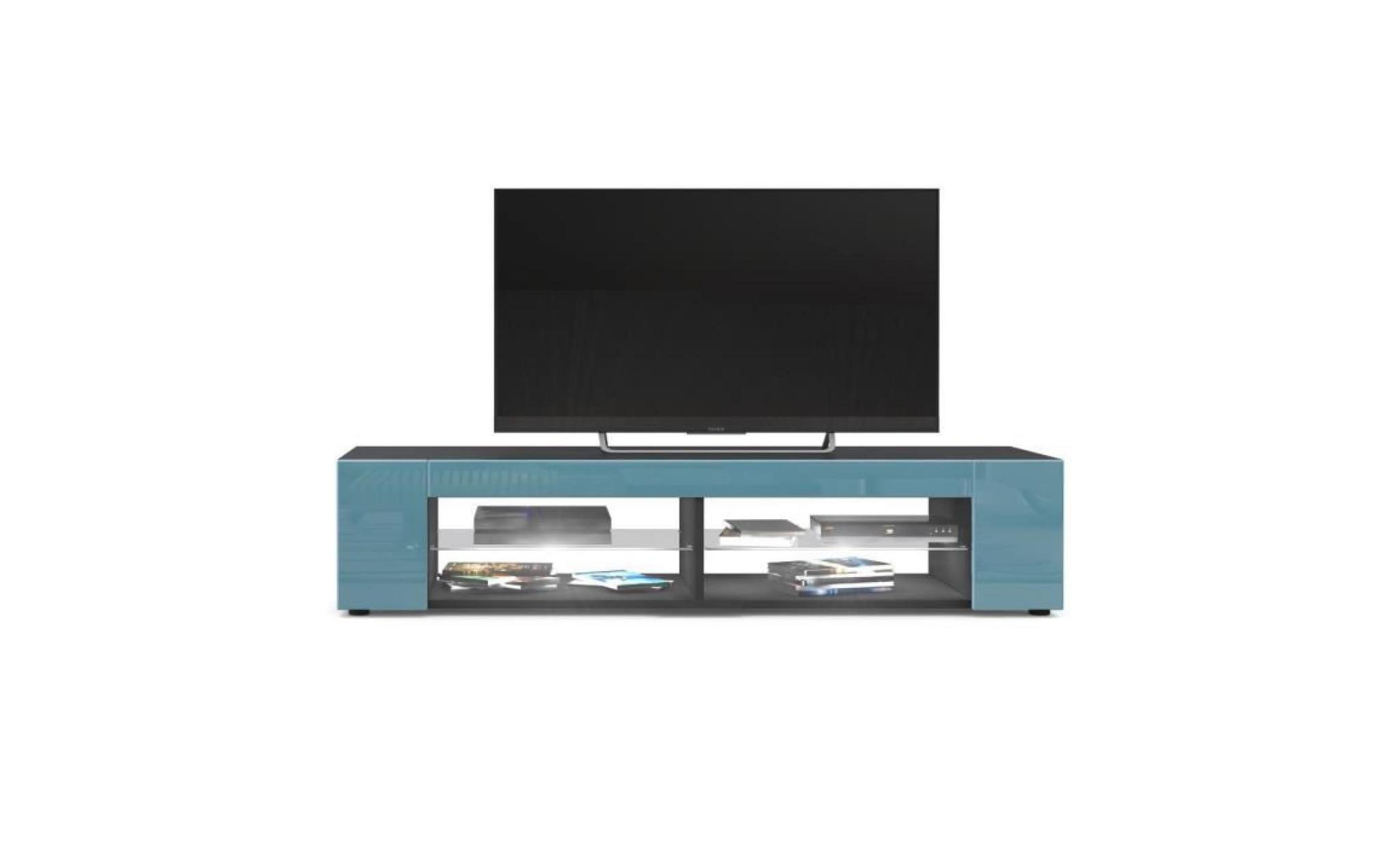 meuble tv  noir mat  façades en turquoise laquées led blanc