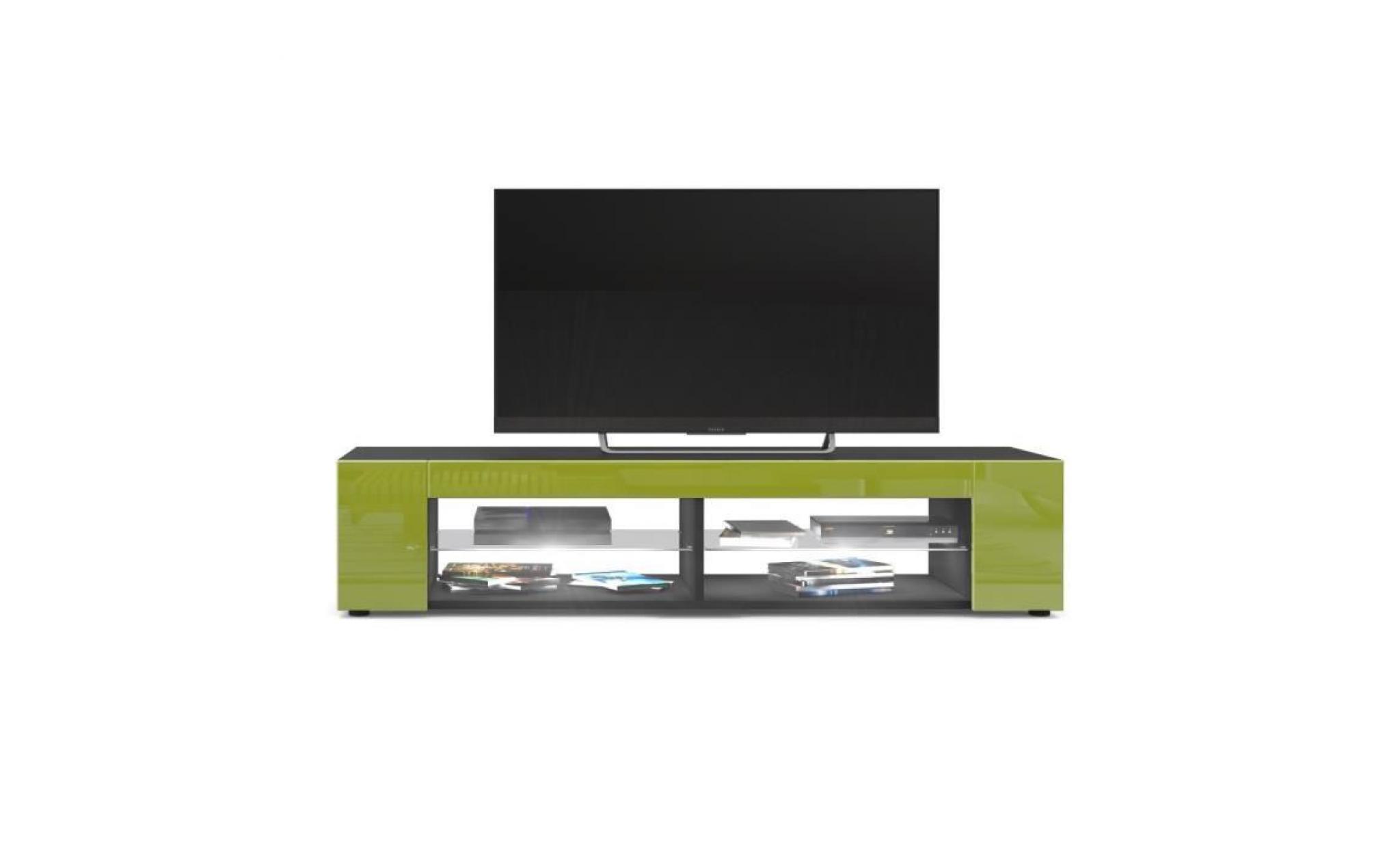 meuble tv noir mat  façades en vert clair laquées led blanc