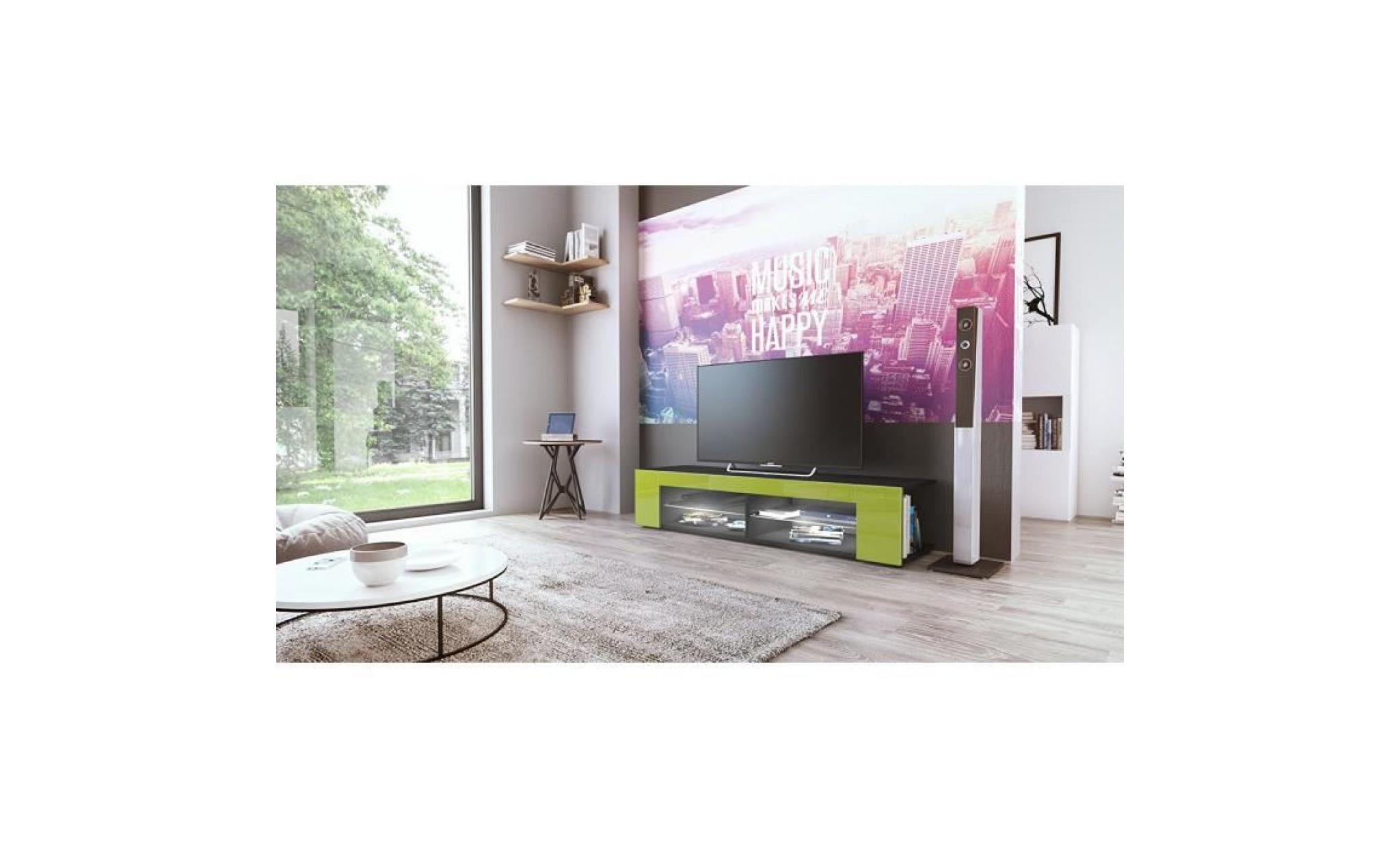 meuble tv noir mat  façades en vert clair laquées led blanc pas cher