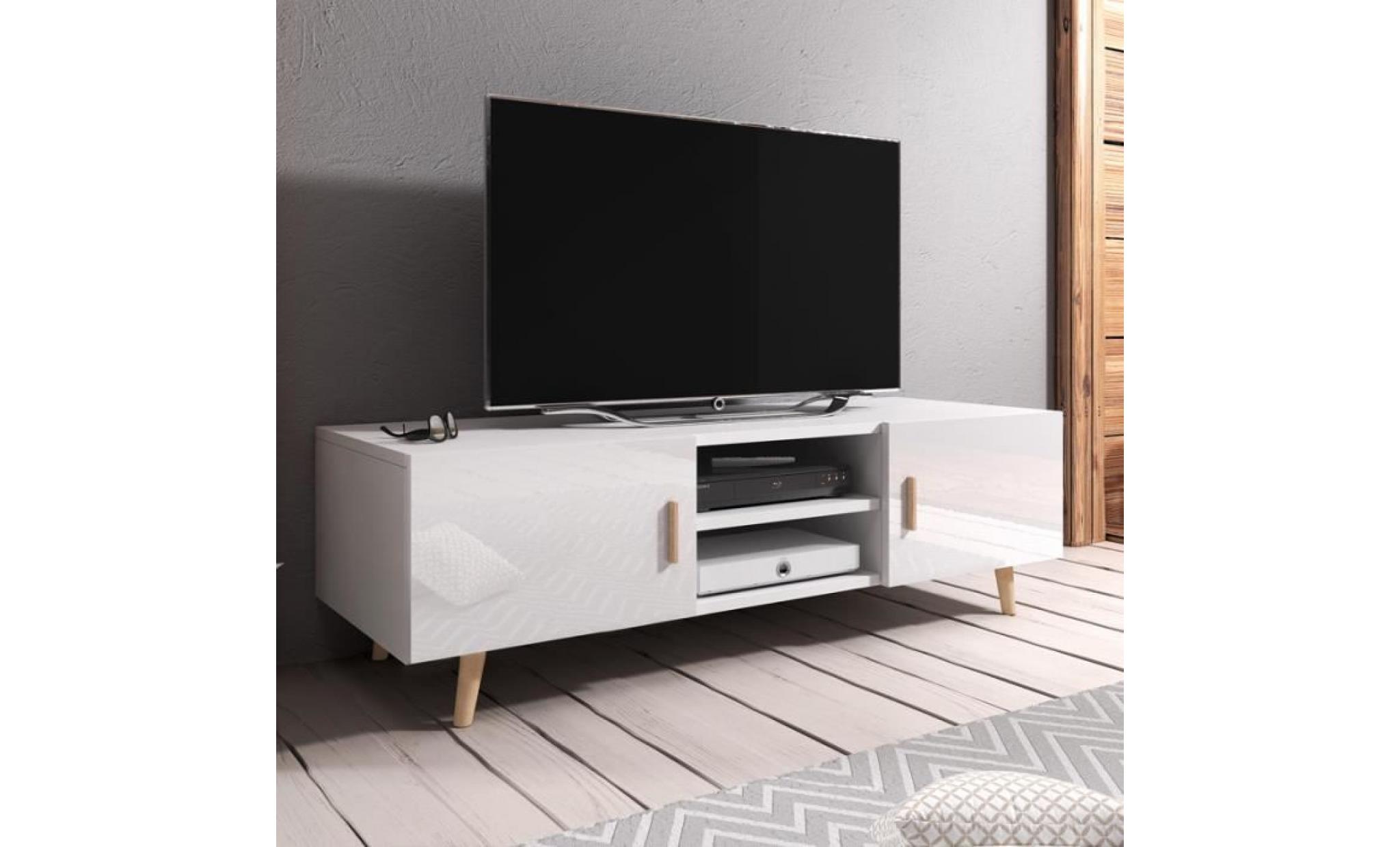 meuble tv / meuble de salon   rivano ii   140 cm   blanc mat / blanc brillant   style scandinave   style minimaliste
