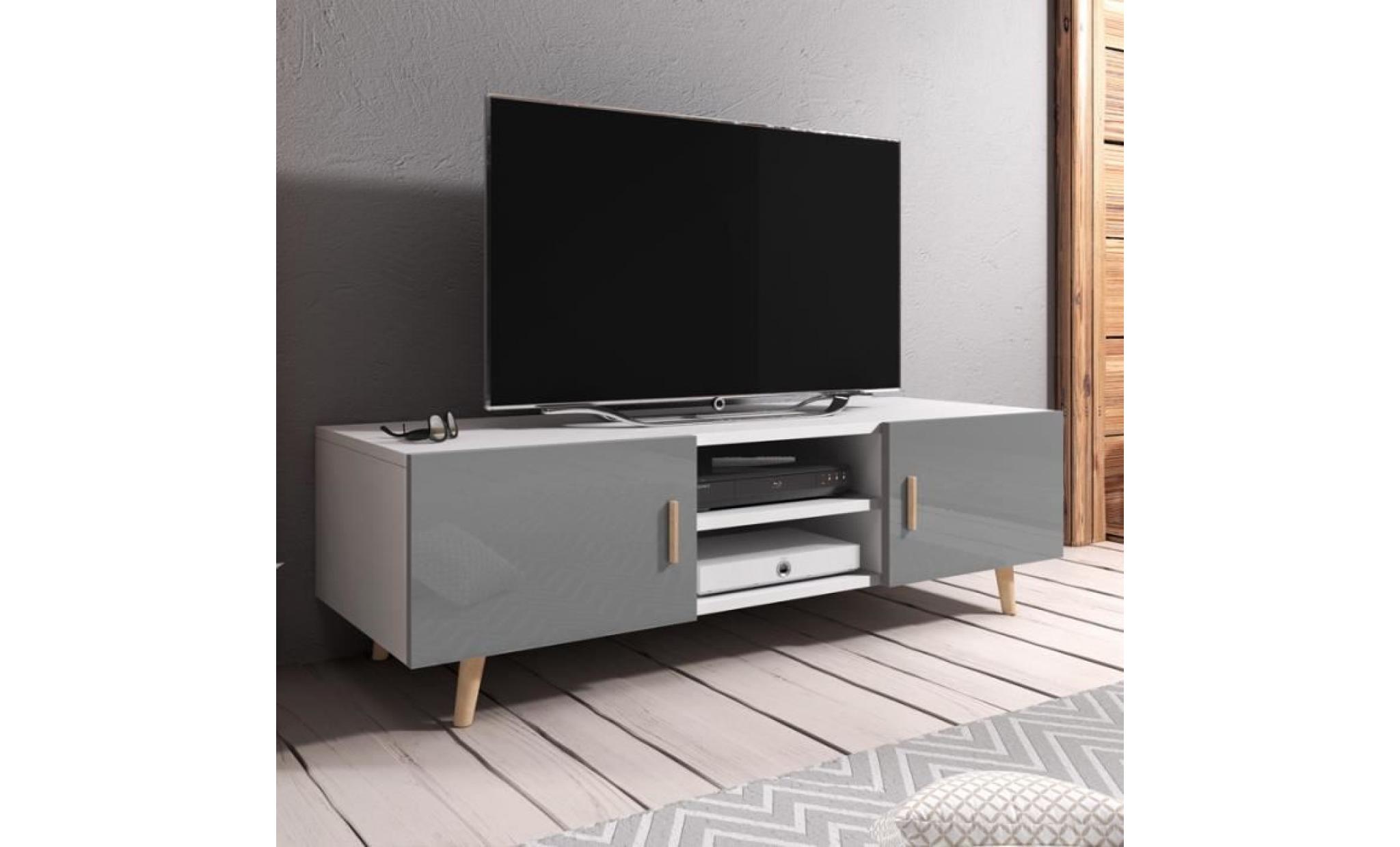 meuble tv / meuble de salon   rivano ii   140 cm   blanc mat / gris brillant   style scandinave   style minimaliste