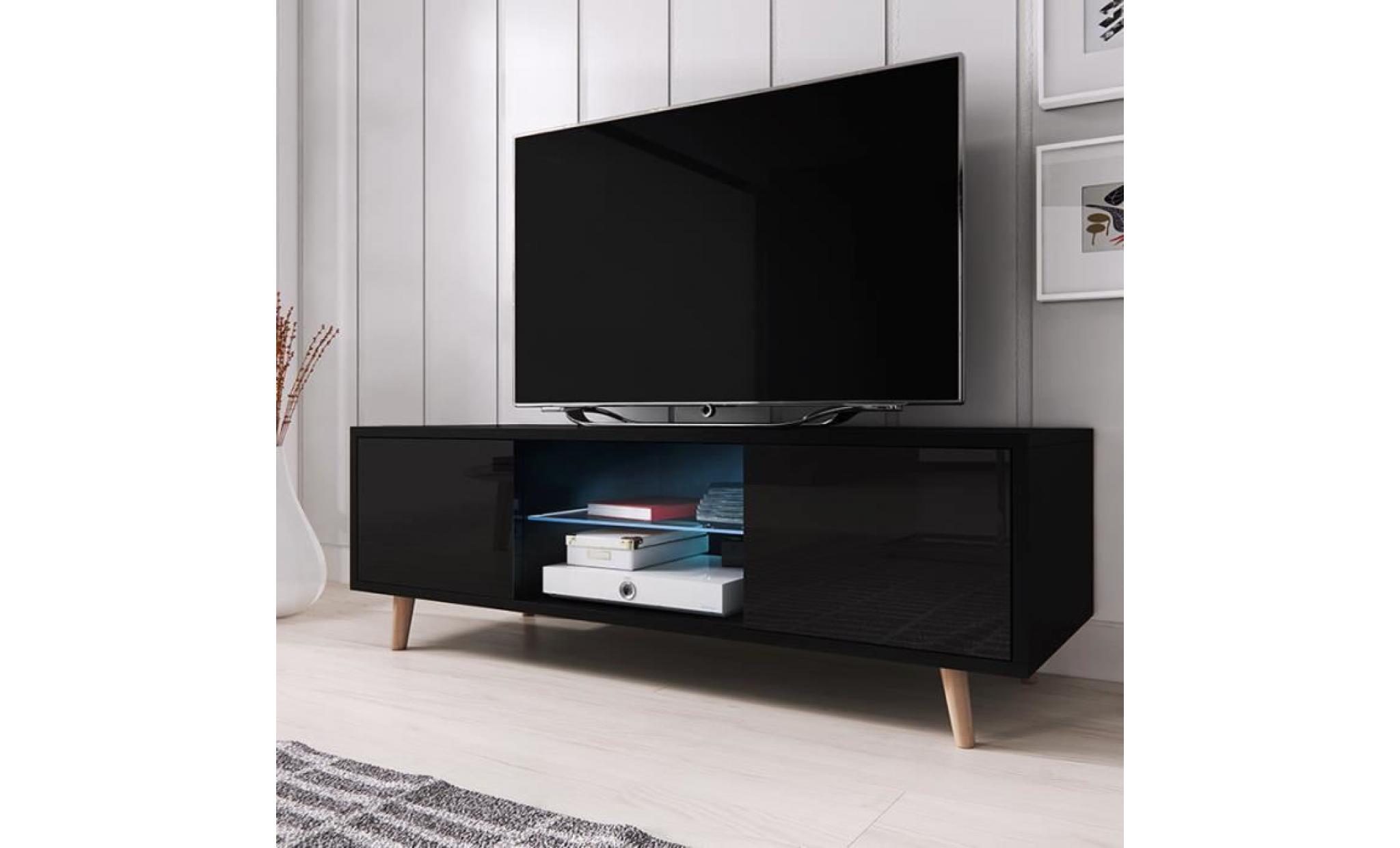 meuble tv / meuble de salon   rivano   140 cm   noir mat / noir brillant   avec led   style scandinave   style minimaliste