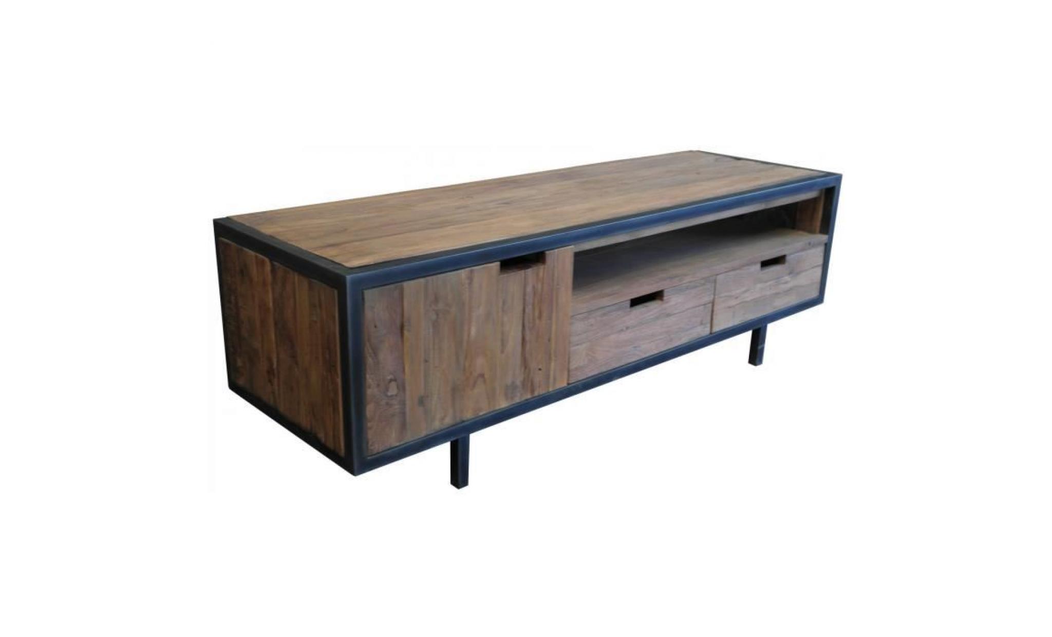 meuble tv rustique marron en bois massif teck avec 1 porte et 2 tiroirs 160x50x50cm p 37639 co marron pas cher
