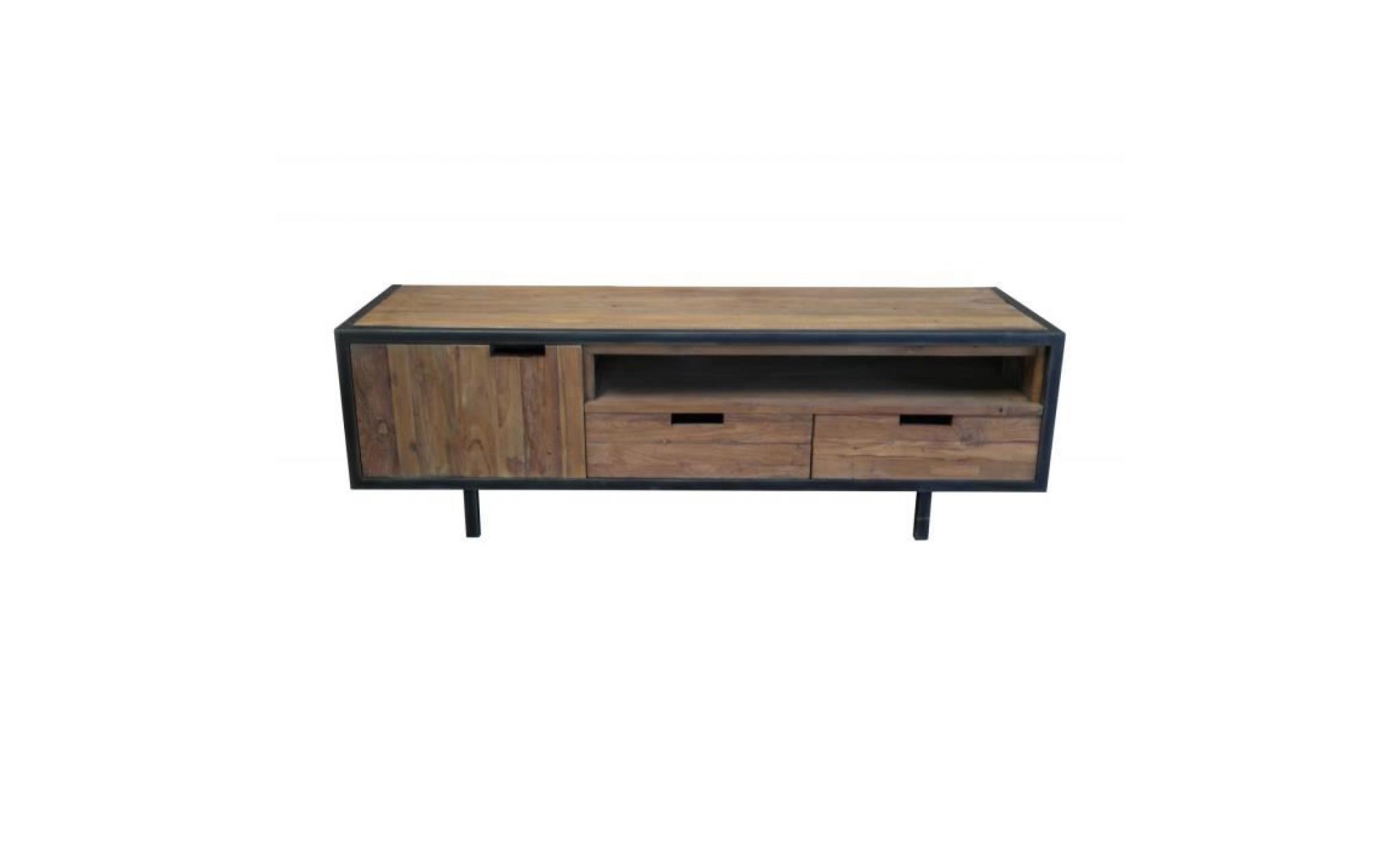 meuble tv rustique marron en bois massif teck avec 1 porte et 2 tiroirs 160x50x50cm p 37639 co marron pas cher