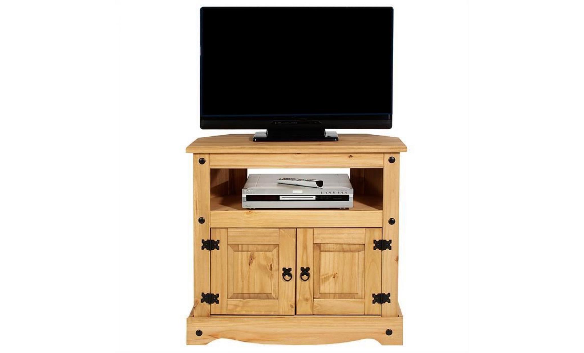 meuble tv salsa banc télévision en bois style mexicain corona avec 2 tiroirs et 1 niche, en pin massif finition cirée pas cher