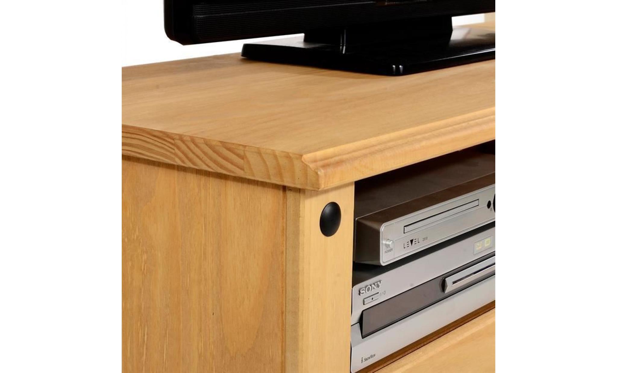 meuble tv salsa banc télévision en bois style mexicain corona avec 2 tiroirs et 1 niche, en pin massif finition cirée pas cher