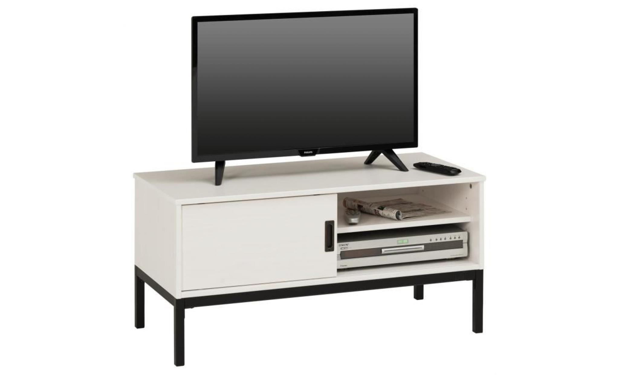 meuble tv selma banc télé de 98 cm au style industriel design vintage avec 1 porte coulissante, en pin massif lasuré blanc